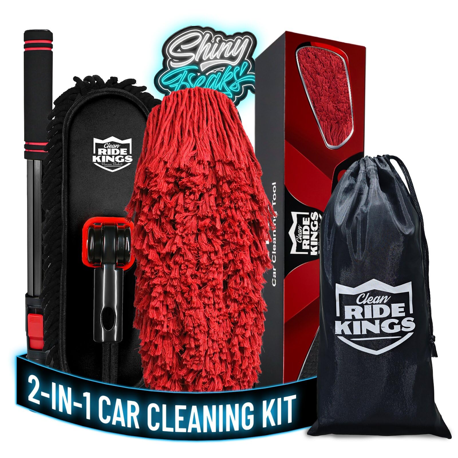 Cepillo y plumero 2 en 1 para exterior de coche, 1 trapeador de chenilla para lavado de coche, 1 trapeador de algodón encerado, elimina el polvo, cambia libremente un poste de acero negro retráctil,