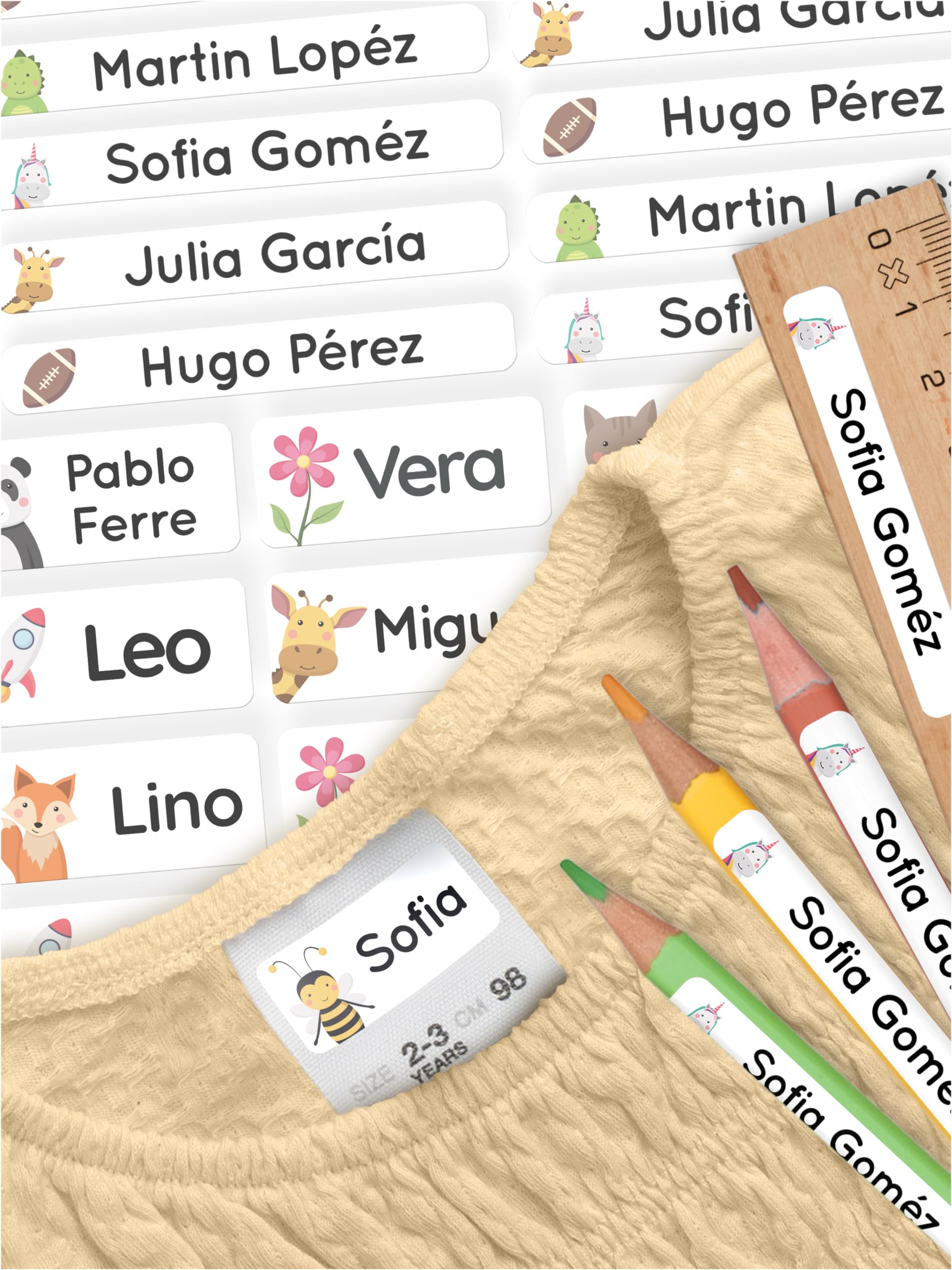 melu kids® Set de pegatinas personalizadas para ropa y objetos de niños (70, Blanco) – Etiquetas con nombre impermeables y adhesivas para material escolar y guardería