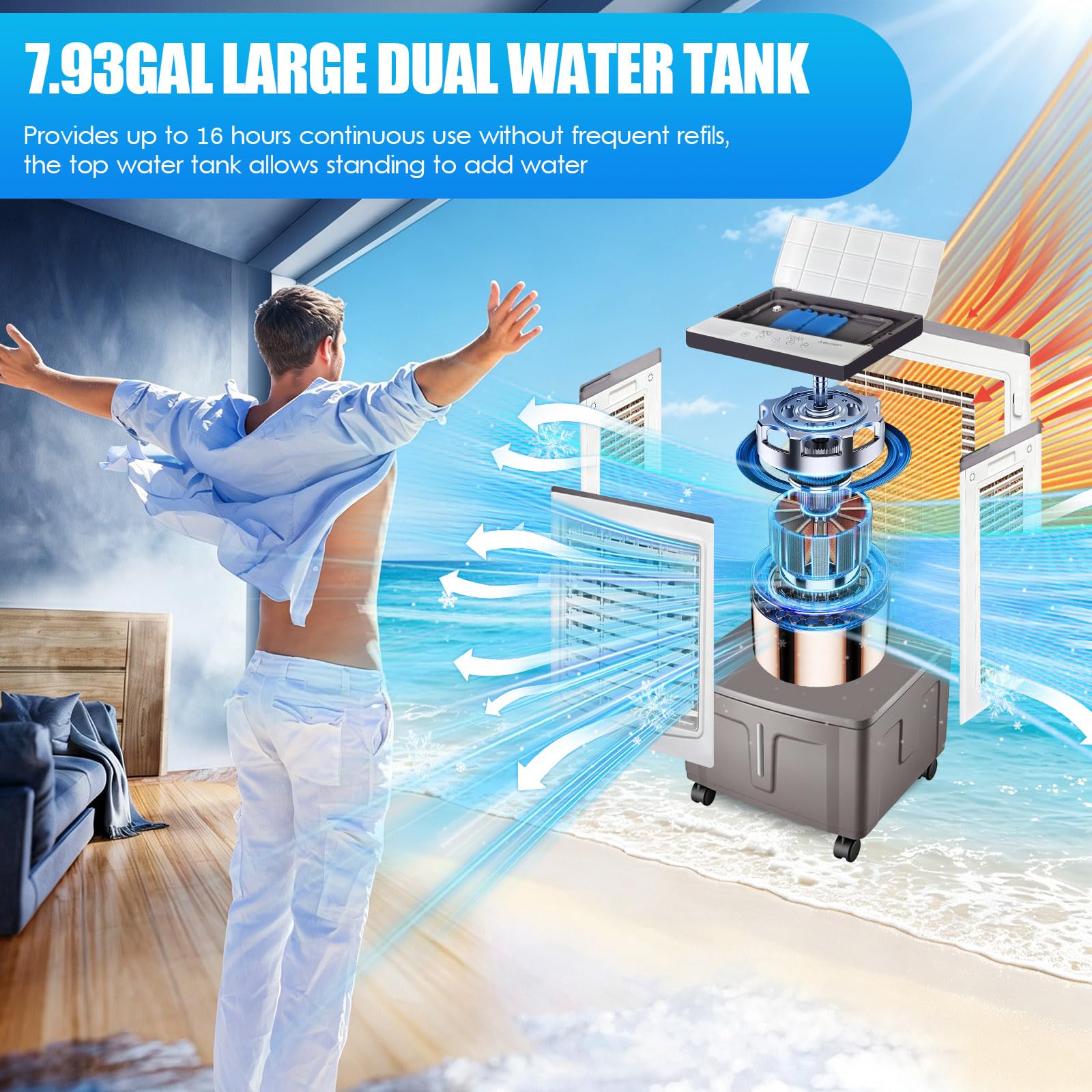 Climatizador Evaporativo 30L, 3000 m³/h Gran Caudal de Aire, 3 Velocidades y Oscilación, Temporizador 7.5H, con Mando a Distancia y 2 Bloques de Hielo para Salones Amplios, Jardines y Terrazas