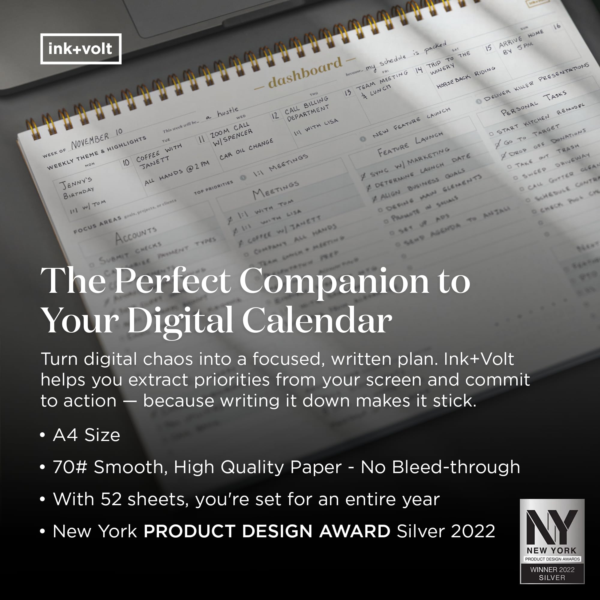 Ink+Volt Dashboard Spiral Deskpad | Agenda settimanale non datata con 52 fogli non datati, pianificatore di produttività premium, lista settimanale minimalista delle cose da fare per lavoro e studio |