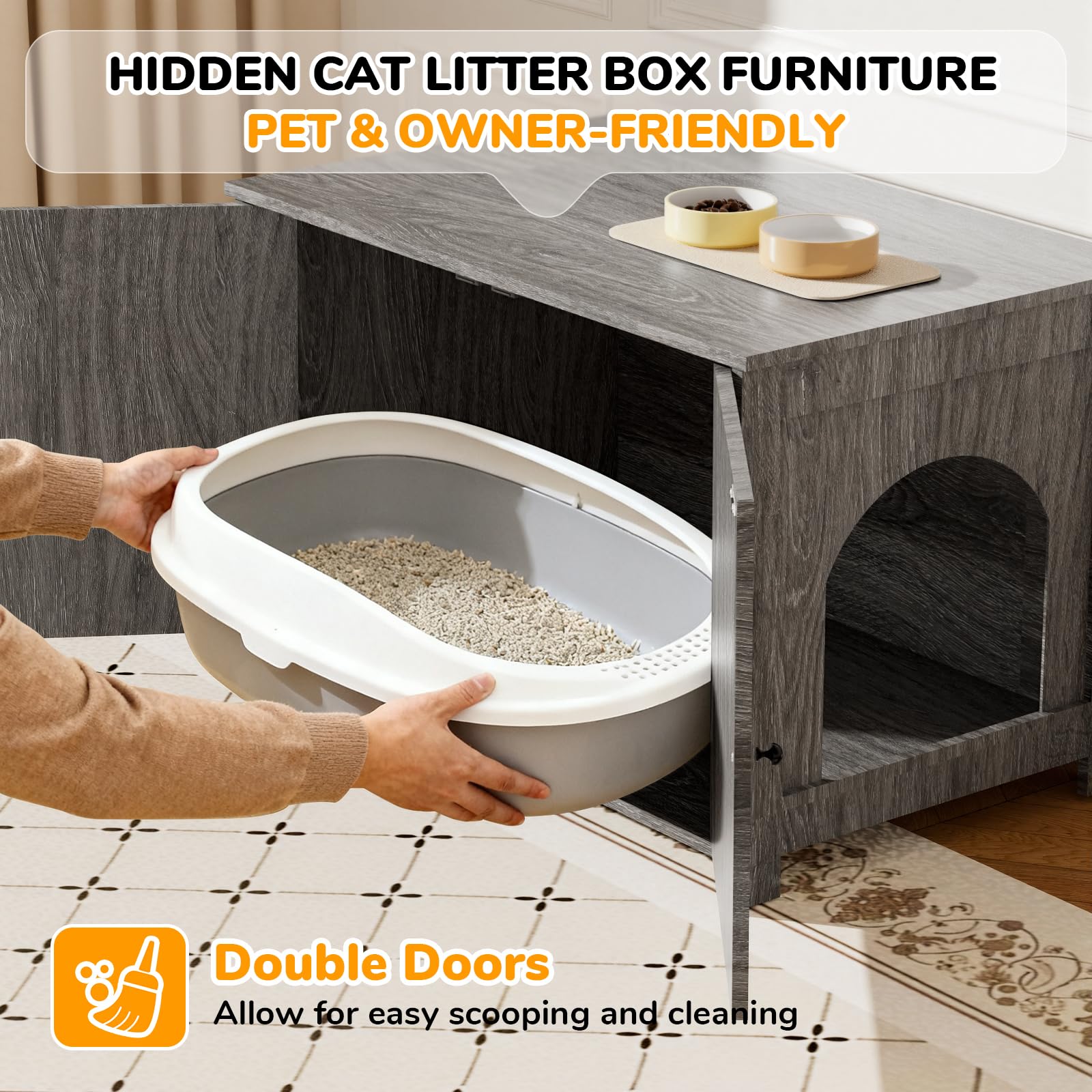Cat Litter Box Enclosure Furniture Dog Proof, Hidden Kitty Washroom Low Entry, Wooden Cat Boxes Enclosure Odor Control for Home, Farmhouse Style Decorative Cabinet with Storage,Oak Grey - image 4