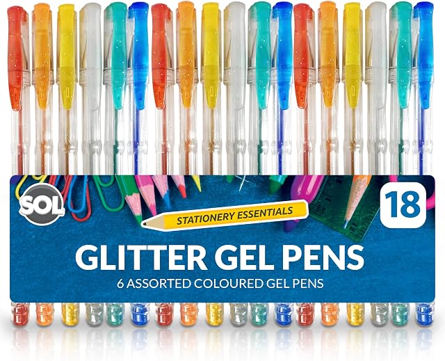 18pk Glitter Pens | Sparkly Gel Pens for Adult Colouring | Gel Pen Set Coloured Gel Pens for Kids | Glitter Gel Pens for Girls | Colouring Pens for Adults | Glitter Pens for Kids