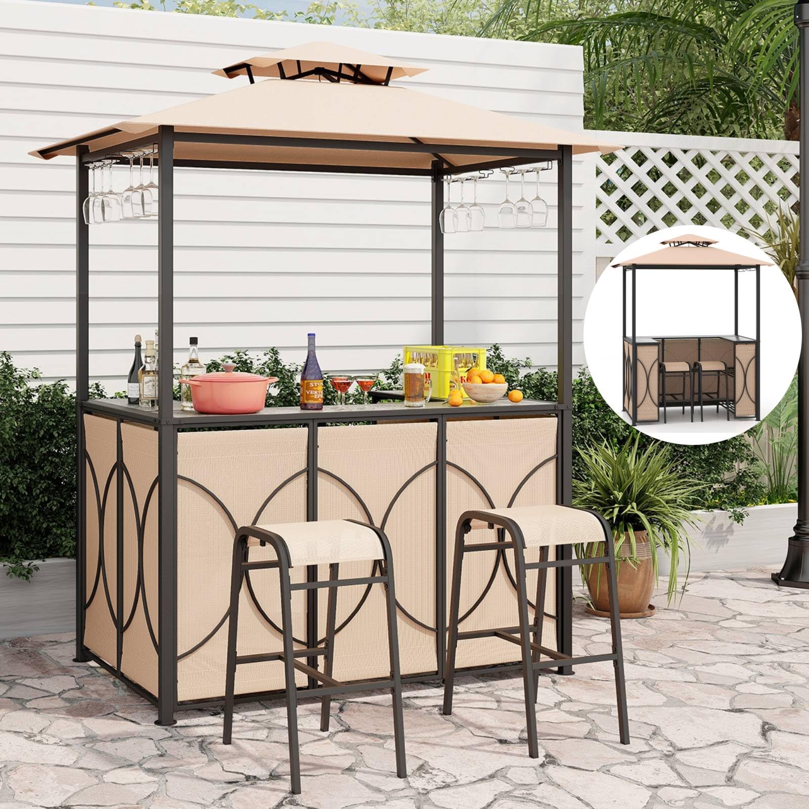 TANGZON 3PCS BBQ Grill Gazebo with Outdoor Bar Set, Patio Gazebo Canopy with Tempered Glass Bar Table, 2 Bar Stools, Storage Shelves, Glass Holders, Double-roof Gazebo Sun Shelter for Garden (Brown)