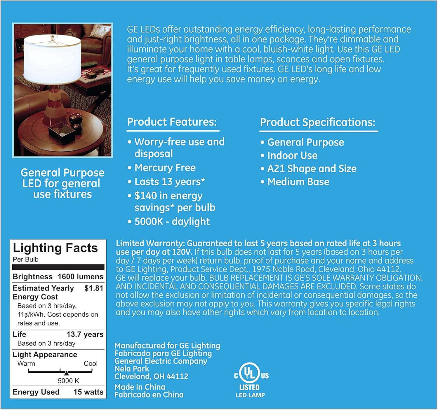 GE 66133 LED A19 Light Bulb with Medium Base, 17-Watt, Daylight, 2-Pack, 2 Count