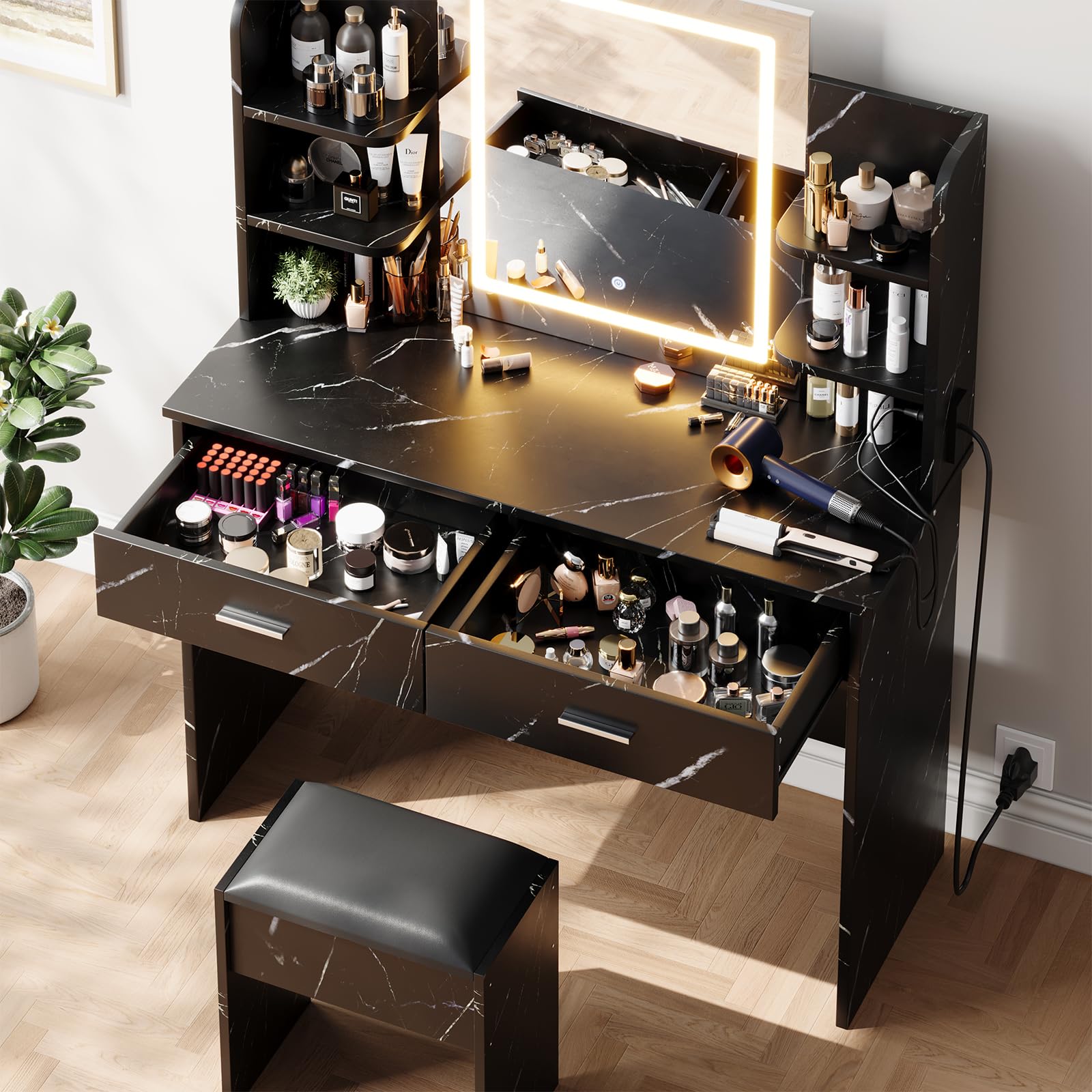 GAOMON Makeup Vanity Desk with Lights and Mirror, Vanity Table with 3 Lighting Modes, Storage Drawer, Shelves, Charging Station and Included Stool for
