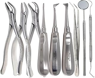 A2Z 9 Pcs Dental Oral Care Instruments Set Includes Extracting Forceps Surgical Root Elevators Mouth Mirror Tweezers Micro Probe Made of Stainless Steel for Optimal Durability