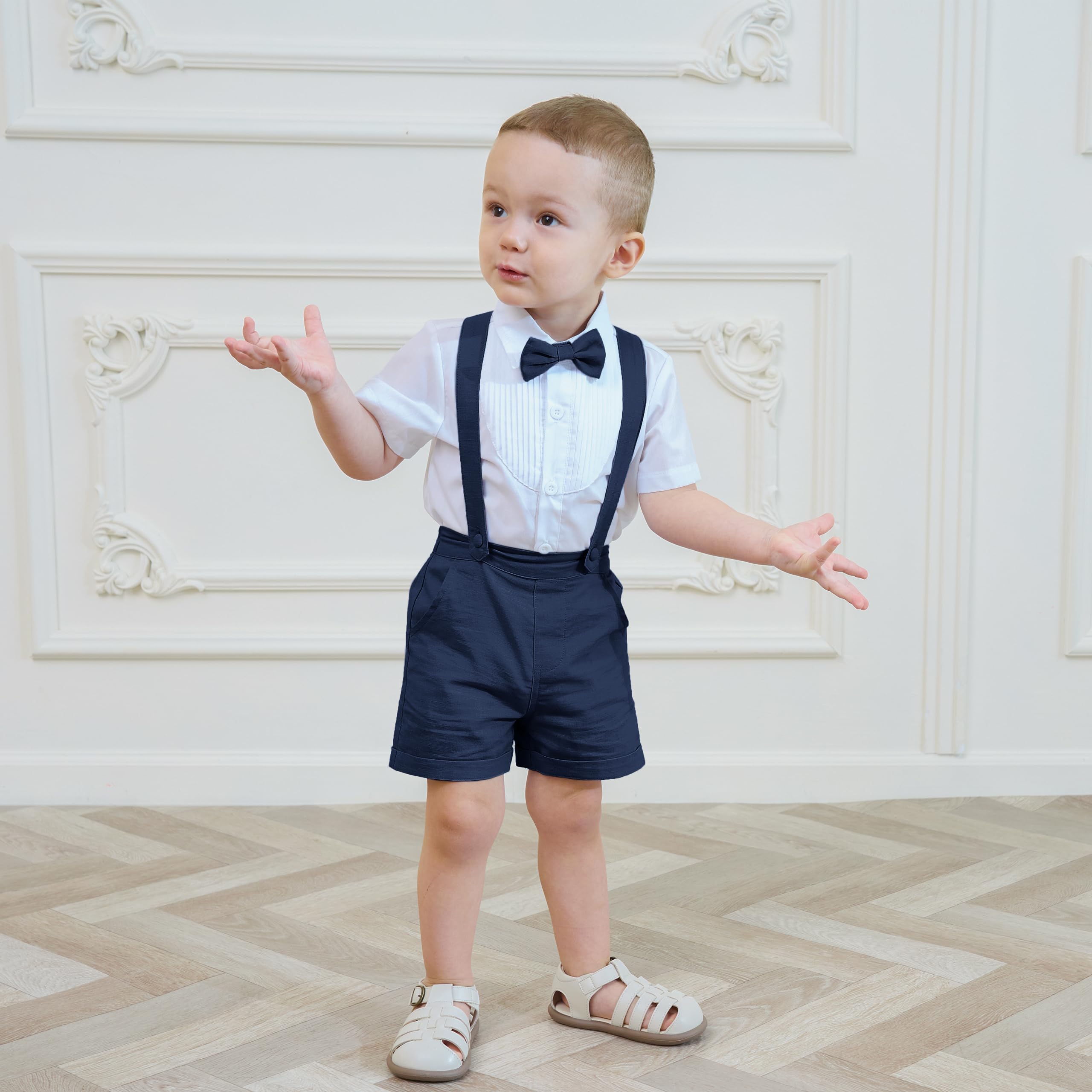 Volunboy Bebé Niño Pantalones Cortos con Tirantes, Verano Lino Shorts con Pajarita 3 Piezas