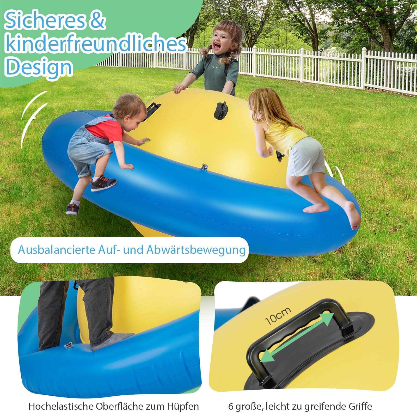 SOARS Aufblasbare Kletterkugel, Hüpfball für Kinder Mit 6 Griffen, Kletterkuppel, 113kg Belastbar, ab 5 Jahren (Gelb + Blau)