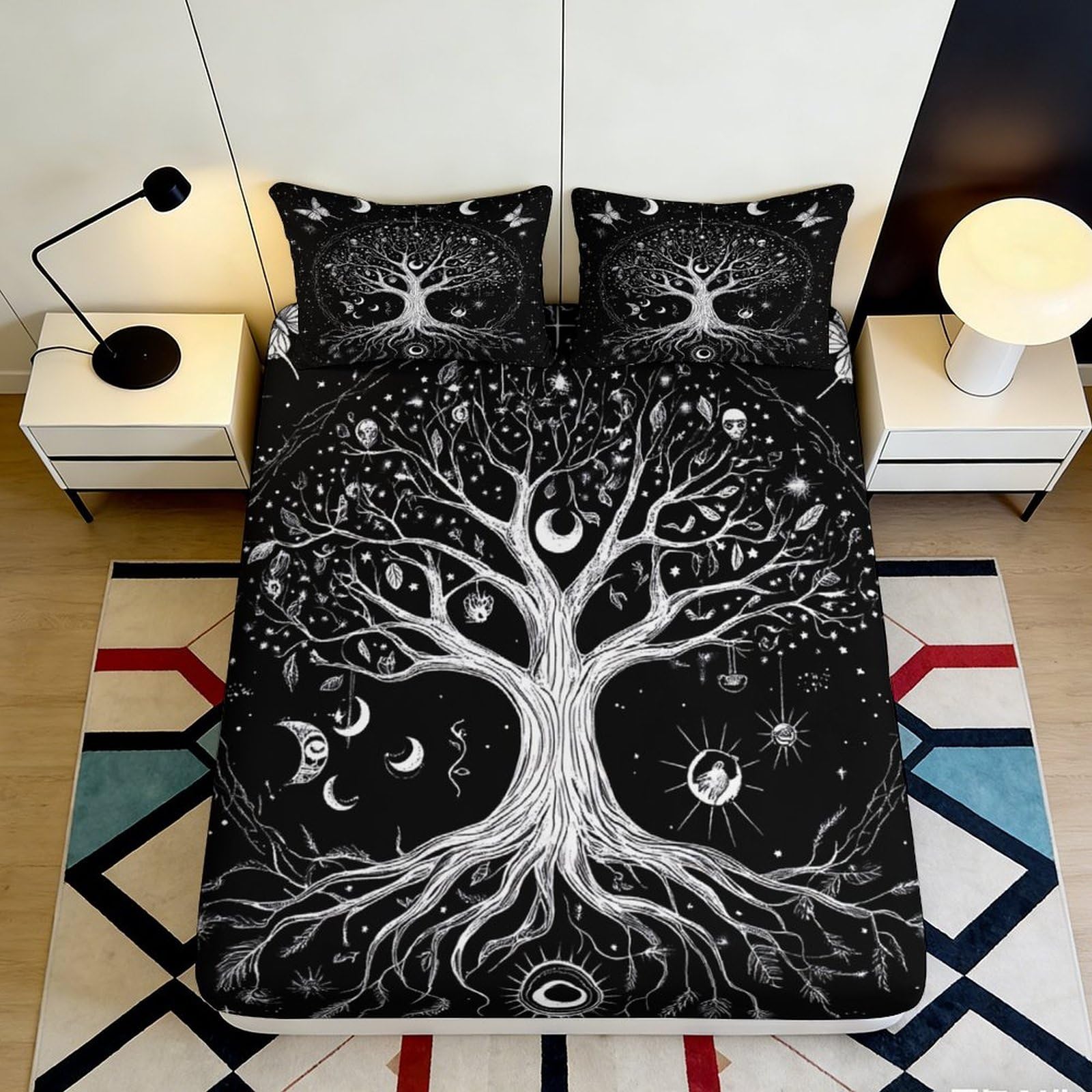 3D Printed Mystic Tree Fitted Sheet Microfiber Black White Celestial Moon Mattress Cover for Bedroom Guest Room Decor 90x200x25cm