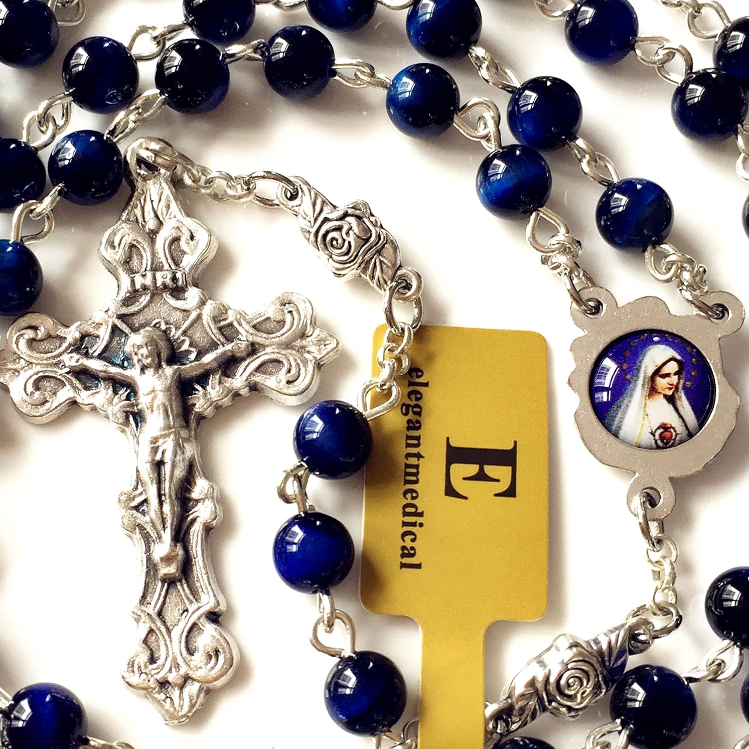 elegantmedical HANDMADE Blue Tiger Eye Beads & Silver Rose Beads ROSARY CROSS Crucifix Necklace box - Image 6