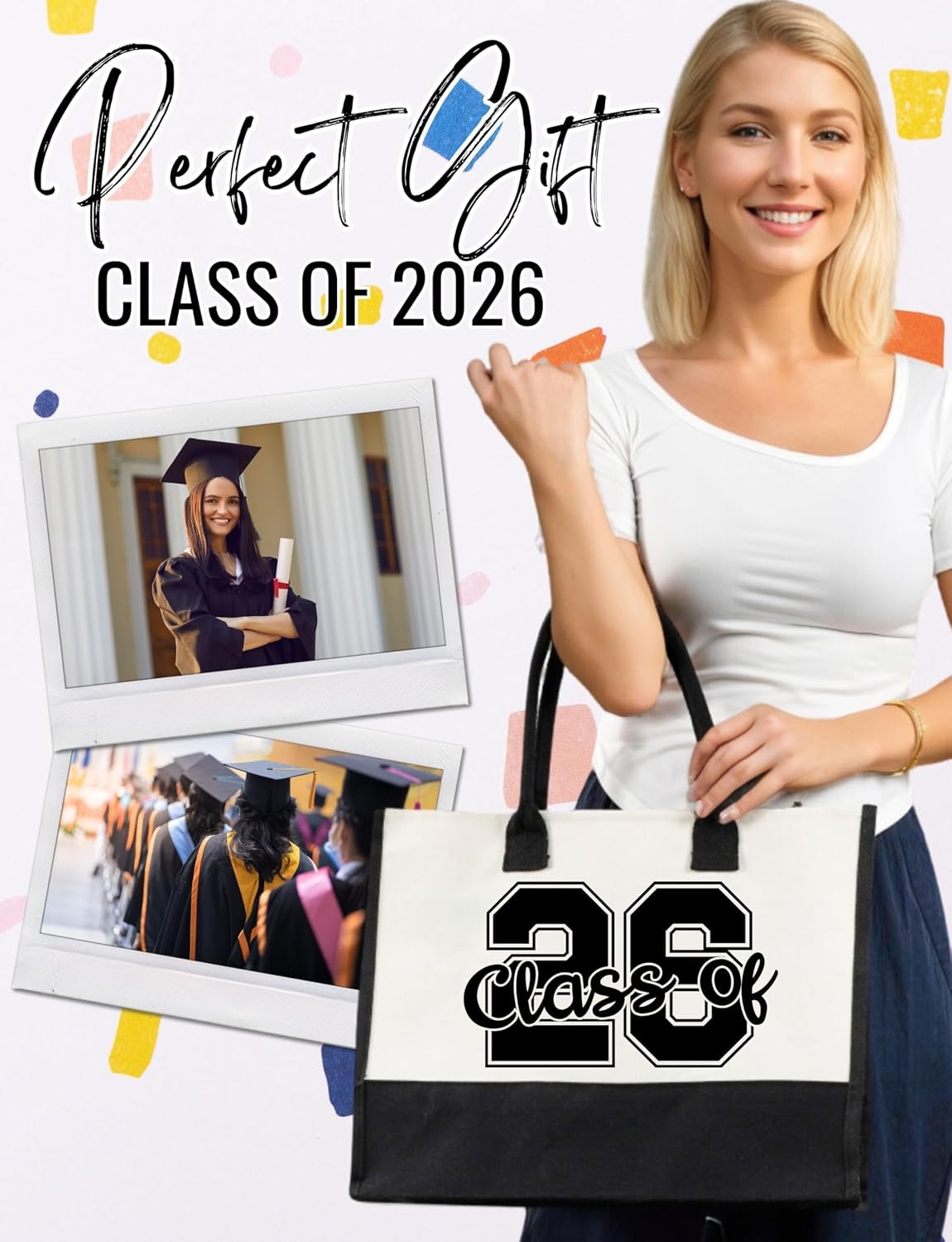 InnoBeta 2026 Graduation Gifts, Class of 2026 Gifts Canvas Tote Bag with Top Zipper Closure and Shoulder Strap for Graduation - Class of 2026