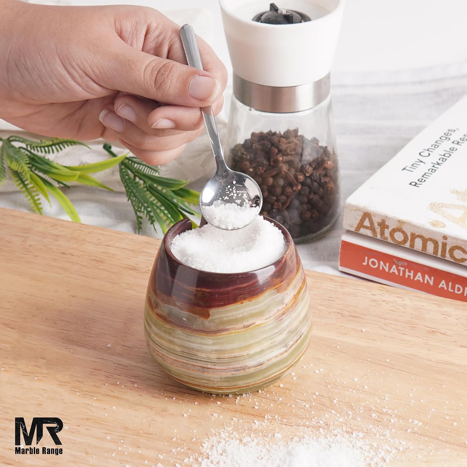 Green Onyx Marble Salt Cellar – 3.5 Inch Salt Jar with Lid, Table Salt Container, Salt Dish, Salt Holder, Spice Jar, Sugar Bowl, Seasoning Container, Salt Dispenser for Kitchen Counter Decor