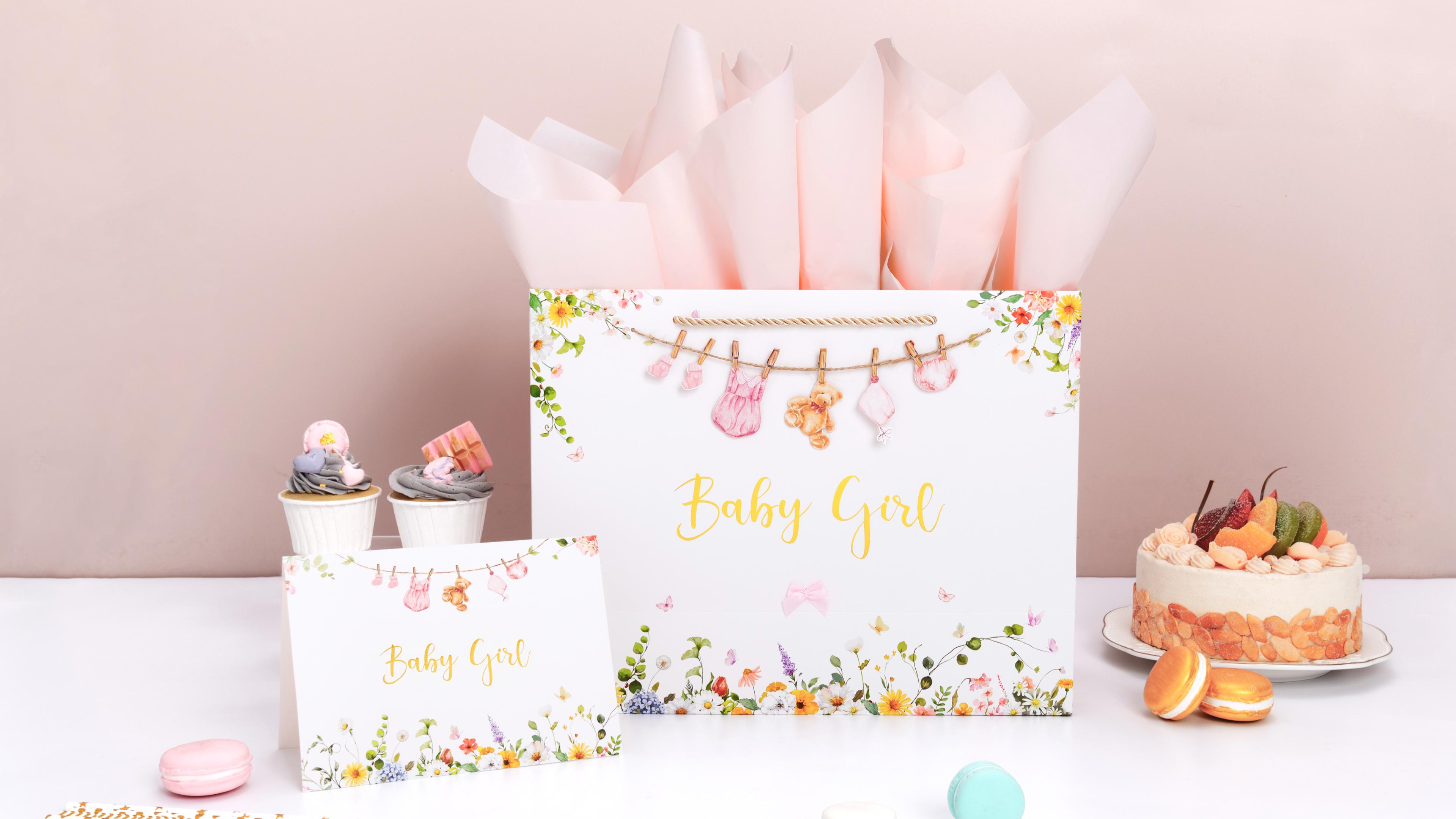 Crisky 13" Large Baby Shower Gift Bag with Tissue Paper, Gift Card and Bow for Baby Shower Decorations for Girl Kids Birthday Gifts(Features a Babysuit Banner and Pink Bow)