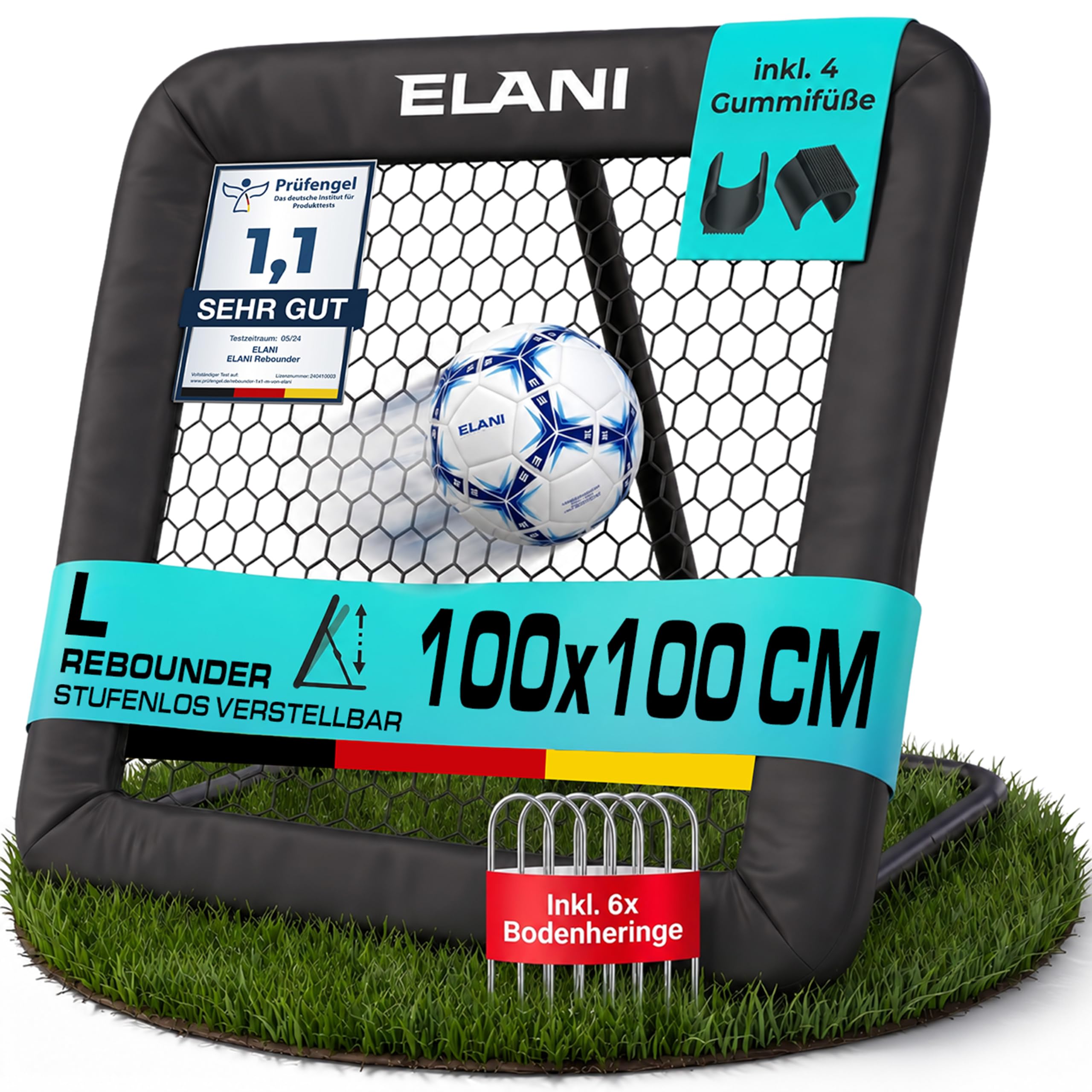 ELANI - Rebounder für Fußball 1x1m mit Schutzrand & 6 Heringen für sicheren Stand - Fussball Rebounder mit stabilem Rahmen - Tornetz - auch für Handball & Volleyball - Fußball Trainingszubehör