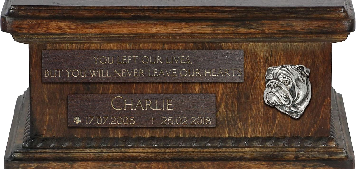 Art-Dog Custom Dog Sitting Statue Memorial Urn - Handmade Cold Cast Bronze on Birch Base – Sturdy and Stylish Urn for Dog’s Ashes – 8.3x11.4x8.7 – 5l – English Bulldog II