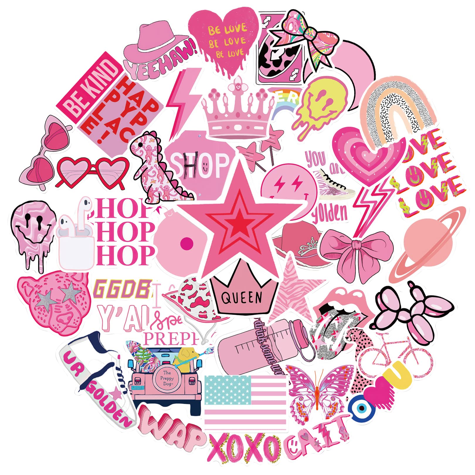 CSDPC Pink Preppy Style Stickers - 50Pcs Cute Vsco for Laptop, Car, Scrapbook, Phone, Skateboard, Computer - Vinyl Waterproof Aesthetic for Teens, Boys, Girls, Adults