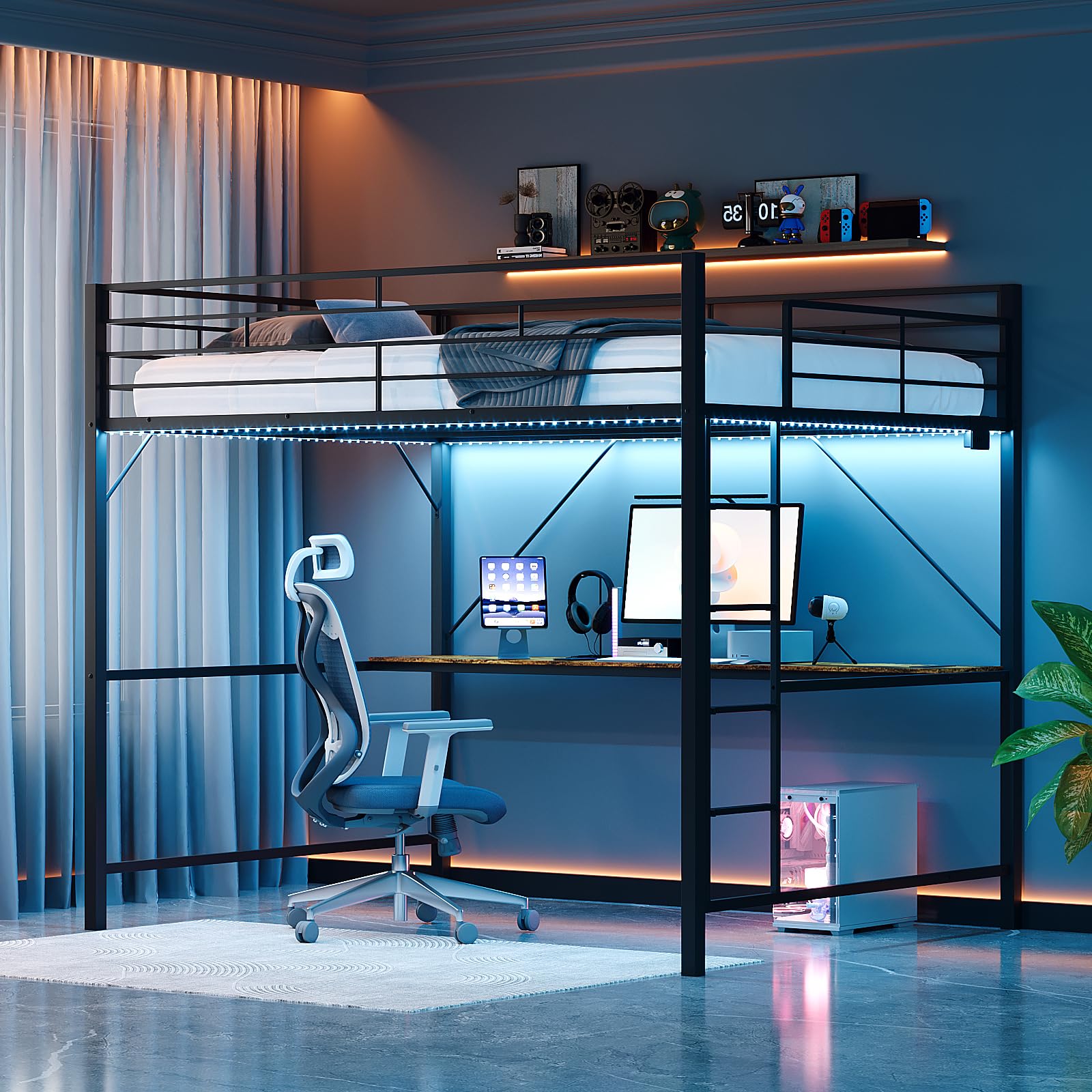 Bonnlo Loft Bunk Bed with Desk, Mental Loft Bed with Outlet & LED Light, High Sleeper Bed - 38cm Safety Guardrail & Non-Slip Straight Ladder, Space-Saving Single Bed Frame for Kids Teens Adults, Black