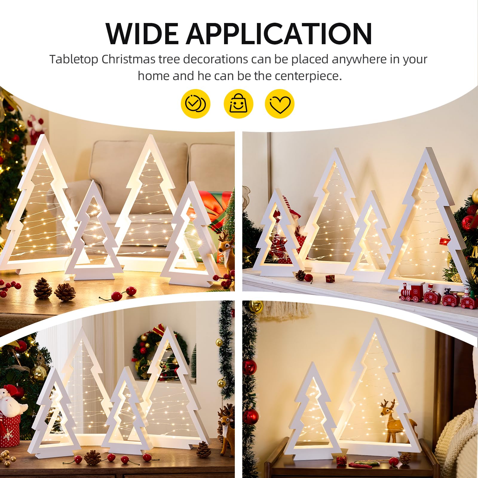Lot de 4 sapins de Noël en bois avec lumières - Compartiment à piles caché - Arbres de Noël lumineux en bois pour les vacances, les fêtes d'hiver, le bureau, la cheminée de la maison (blanc)