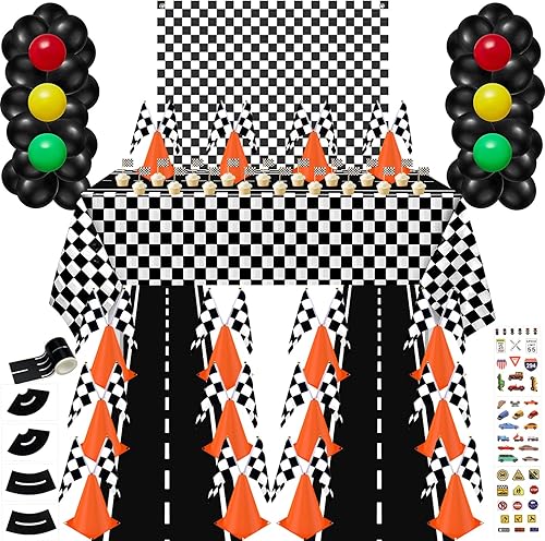 Miniatura 1 de Suministros para fiestas de autos de carreras, 12 conos de tráfico con agujeros en la parte superior, 24 banderas a cuadros, mantel de fiesta de