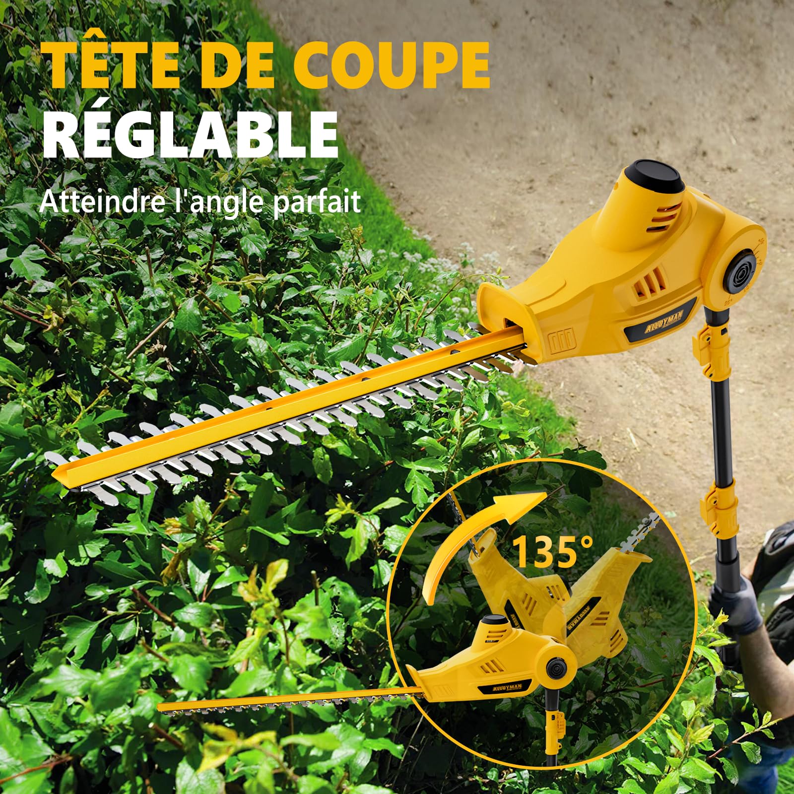 Alloyman Taille-Haie sans Fil Télescopique 20V Max sur Perche, Lame 40 cm, 2 Batteries 4,0 Ah et Chargeur, Manche Réglable 2,4 m pour Haies et Arbustes