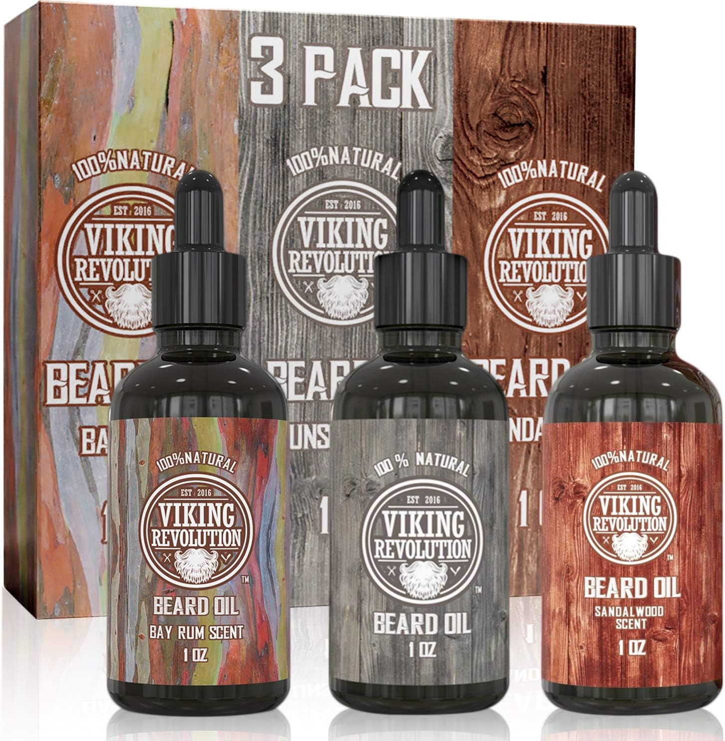 Viking Revolution - Beard Oil - All Natural Variety Beard Oil For Men With Argan & Jojoba Oils - Bay Rum, Unscented, Sandalwood - Softens, Smooths & Strengthens - Gifts For Men - 3 Pack, 3 x 30 ml