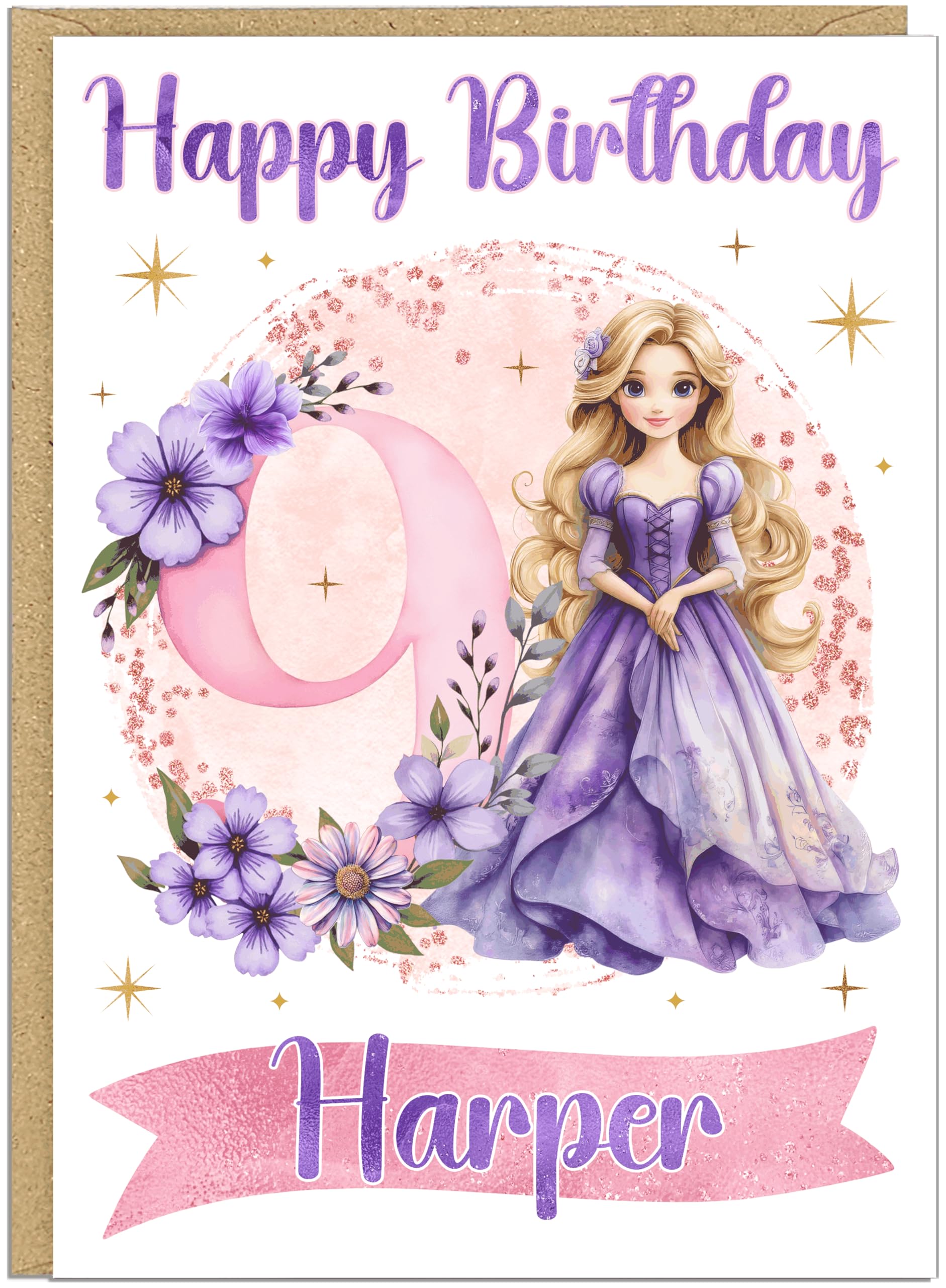 Custom Age 1st 2nd 3rd 4th 5th 6th 7th 8th 9th Birthday Cards | Purple Princess Birthday Card with Child's Name | Personalised Girls Birthday Card With Blonde Princess in Purple Gown | (Age 9)
