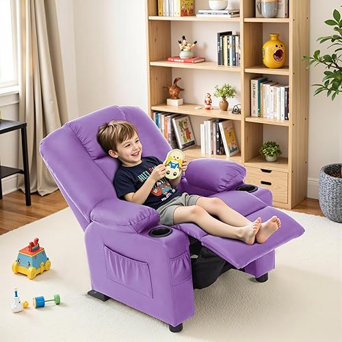 Miniatura 2 de MCombo Sillón reclinable para niños grandes a partir de 3 años, silla reclinable para niños pequeños con portavasos, piel sintética, 7322 (violeta)