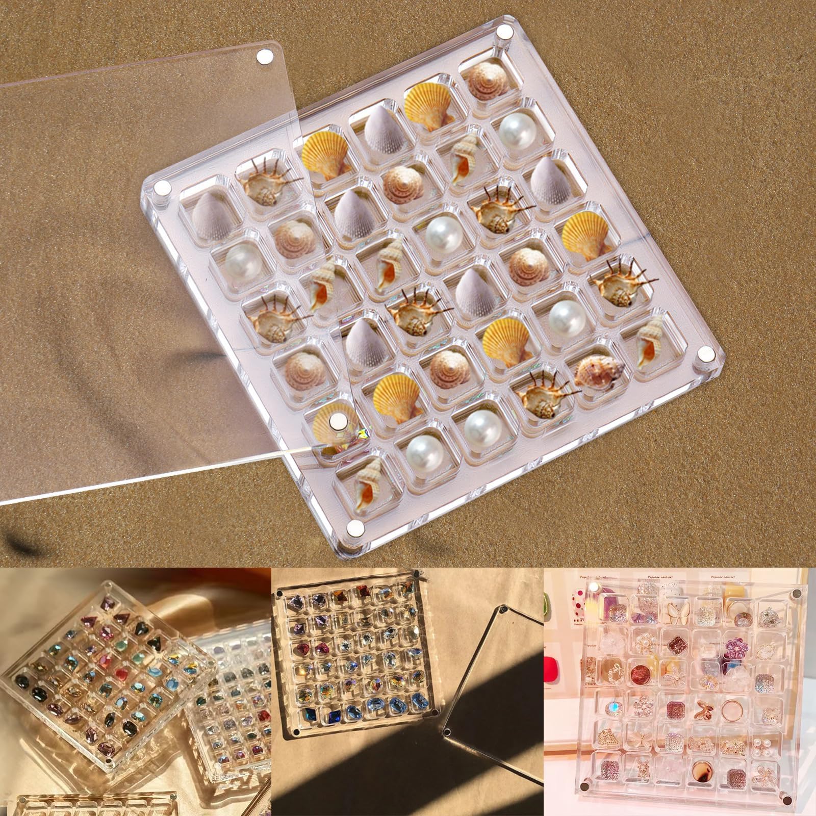 MesenSeashell Display Box, Clear Acrylic Magnetic Seashell Storage Case, Mini Trinket Decorative Boxes Used to Display Shells, Starfish, Gemstone, Nail, Jewelry, Diamond