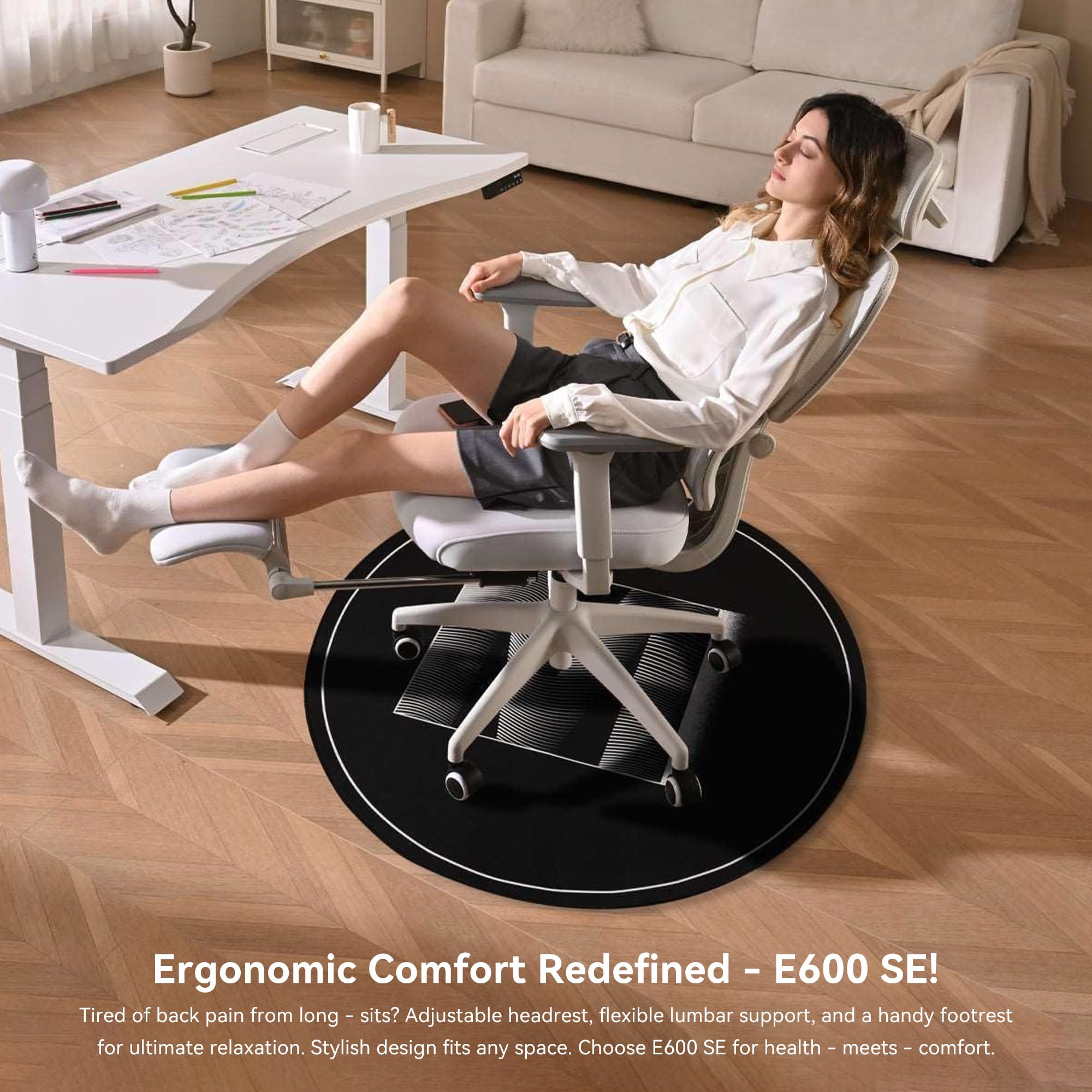 MUSSO E600SE Ergonomiczne krzesło biurowe, 3-poziomowe regulowane podparcie lędźwiowe, 3D regulowany podłokietnik i zagłówek z podnóżkiem, dostosowane dla ochrony kręgosłupa kobiet i nastolatków