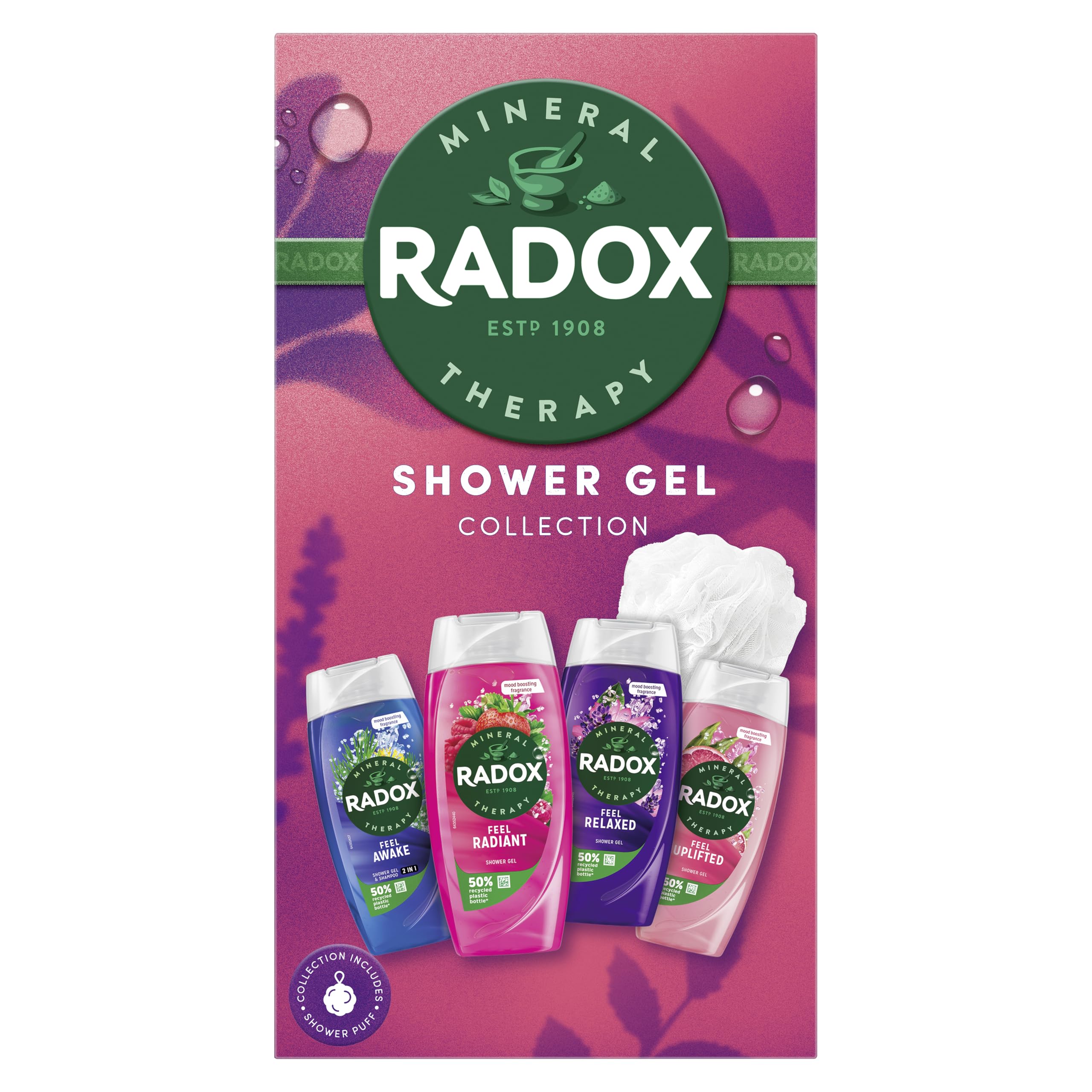 Radox Shower Gel Bundle Collection Gift Set including four shower gels and a shower puff perfect for any occasion 4 piece