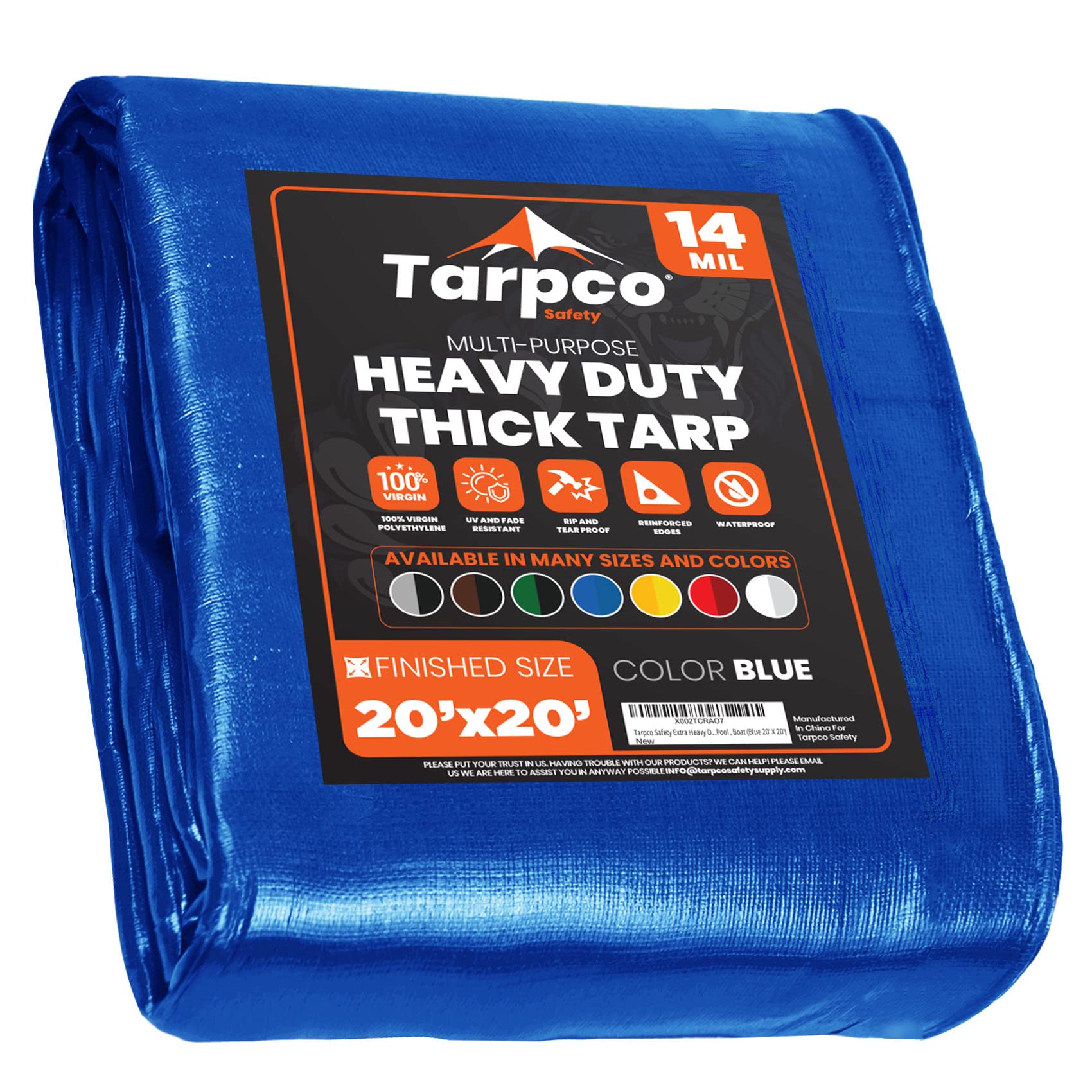 Extra Heavy Duty 14 Mil Tarp Cover, Waterproof, UV Resistant, Rip and Tear Proof, Poly Tarpaulin with Reinforced Edges for Roof, Camping, Patio, Pool, Boat (Blue 20′ X 20′)