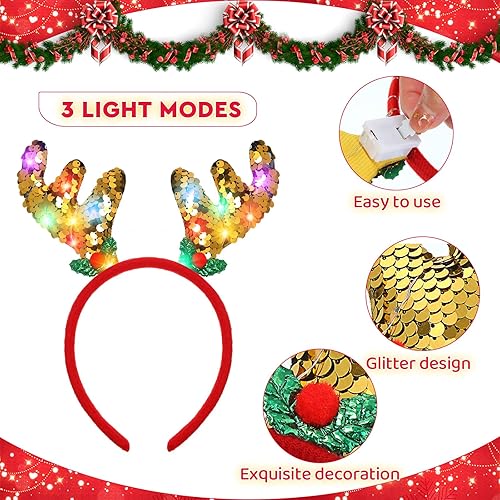 Miniatura 4 de Riceshoot 20 diademas de Navidad iluminadas con purpurina LED de reno, diademas de Navidad coloridas para Navidad, accesorios de Navidad para niños