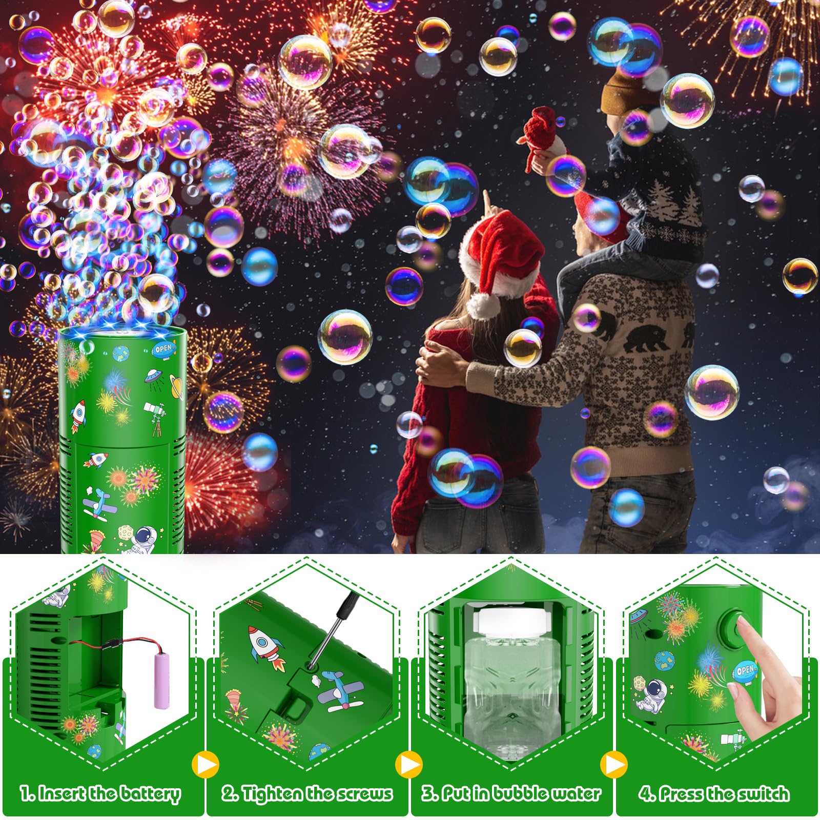 PANACARE Automatische Seifenblasenmaschine Feuerwerk Blasen Spielzeug 13 Löcher/Lichter/Weihnachtsmusik/80 ml Lösung Christmas Bubble Maker Für Kinder Zum Geburtstag Neujahr (Grün)