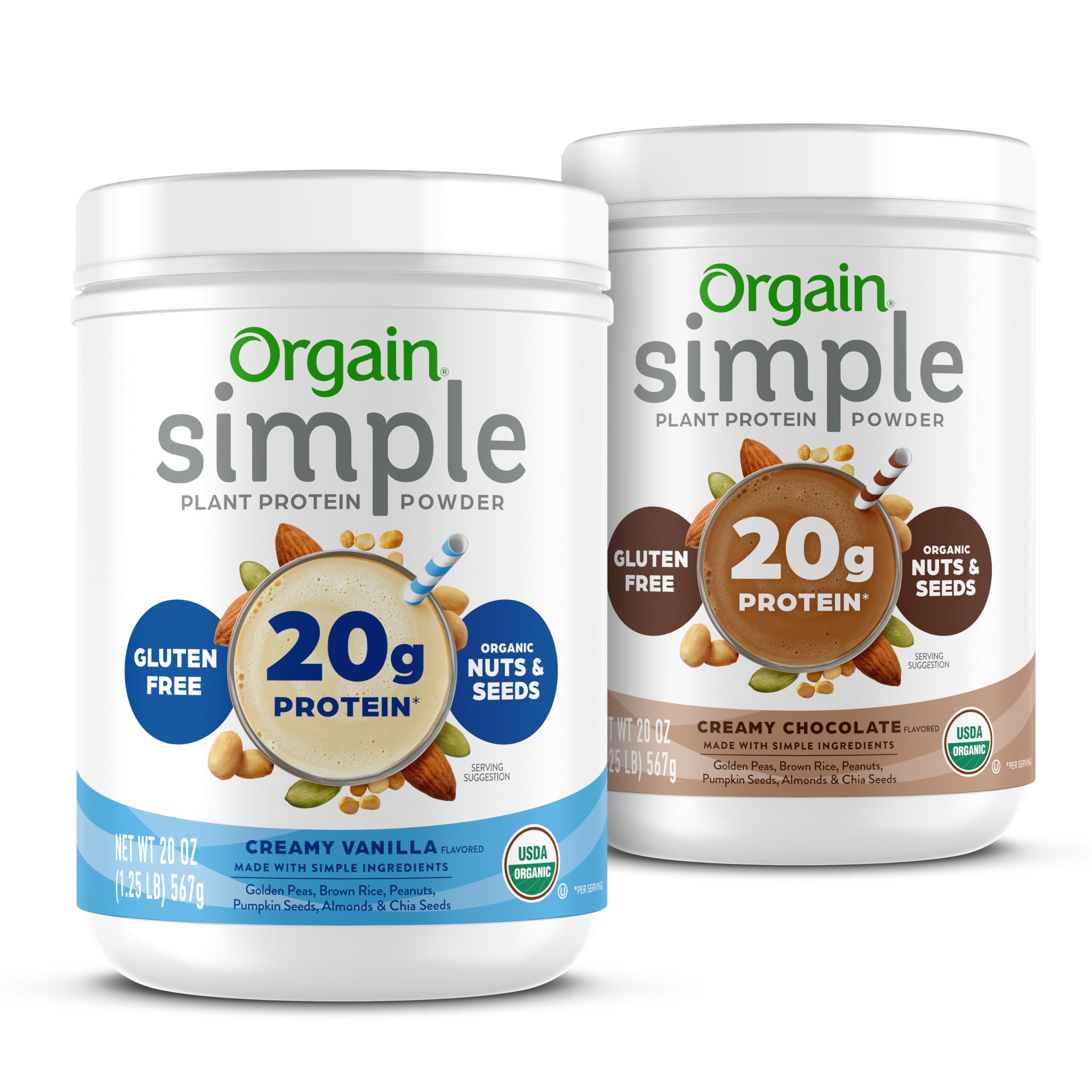 Orgain Organic Simple Vegan Protein Powder Bundle - Chocolate & Vanilla, 20g Plant Based Protein, 1.25 lb Each, Gluten Free, No Artificial Sweeteners