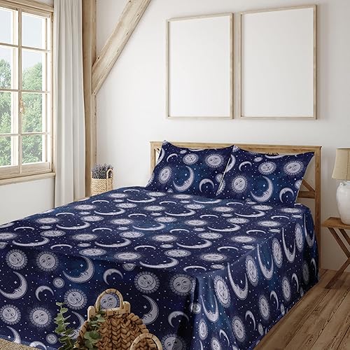 Ambesonne Boho Art Sheet Set, Astrology Inspired Sun and Moon Outer Space Galaxy Night Pattern, Fitted and Flat Sheet with Pillowcases Bedding