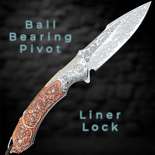 Miniatura 3 de TACTICAL GEARZ Cuchillo de bolsillo de acero de Damasco, mango de palisandro tallado personalizado, incluye funda de cuero personalizada (Kahuna XT)