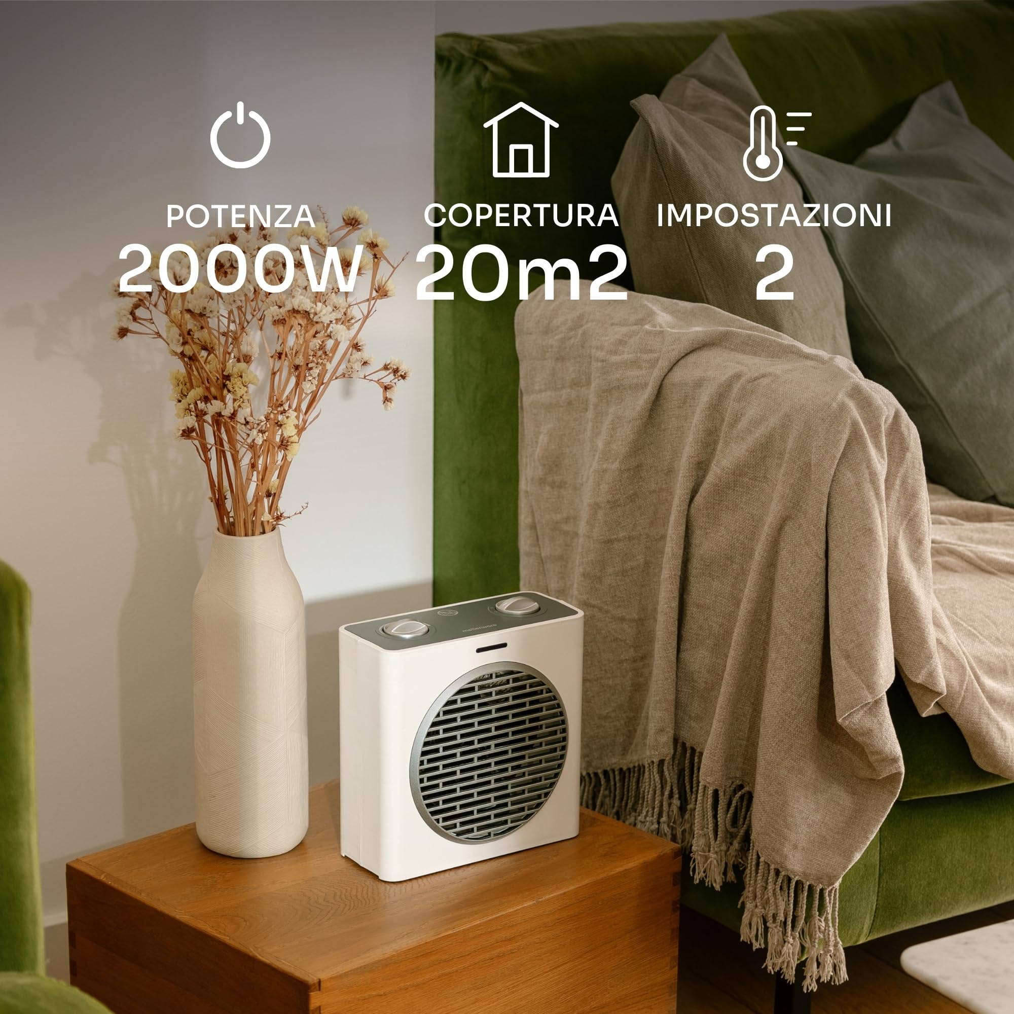 Mellerware - Termoventilatore Elettrico Homy! 2000W | 3 Livelli di Potenza | Calore Immediato | Termostato Regolabile | Spegnimento di Sicurezza | Adatto ai Bagni | IP24 | Sistema Antiribaltamento