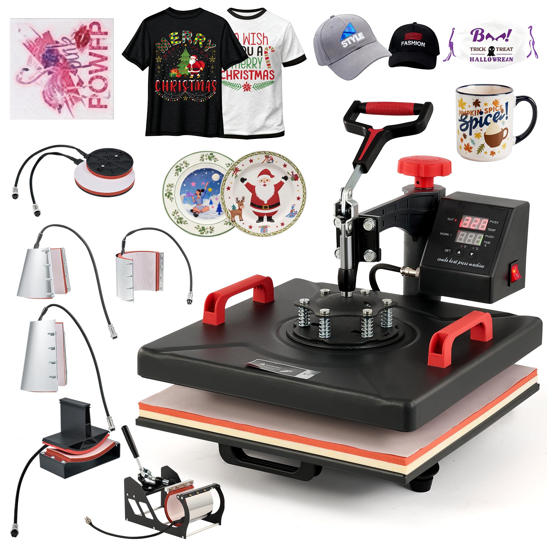 CREWORKS Prensa de Calor 38x38 cm, Maquina de Sublimacion 8 en 1 con Panel de Control Digital, Prensa de Calor Multifuncional con Giro de 360° para Camisetas, Tazas, Gorras, Platos y Más