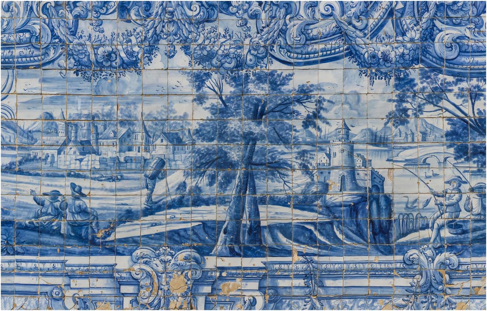 Murwall Chinoiserie Wallpaper Blue Tile Wall Mural Gold Brush Wall Print Chinese Home Decor Cafe Design Entryway