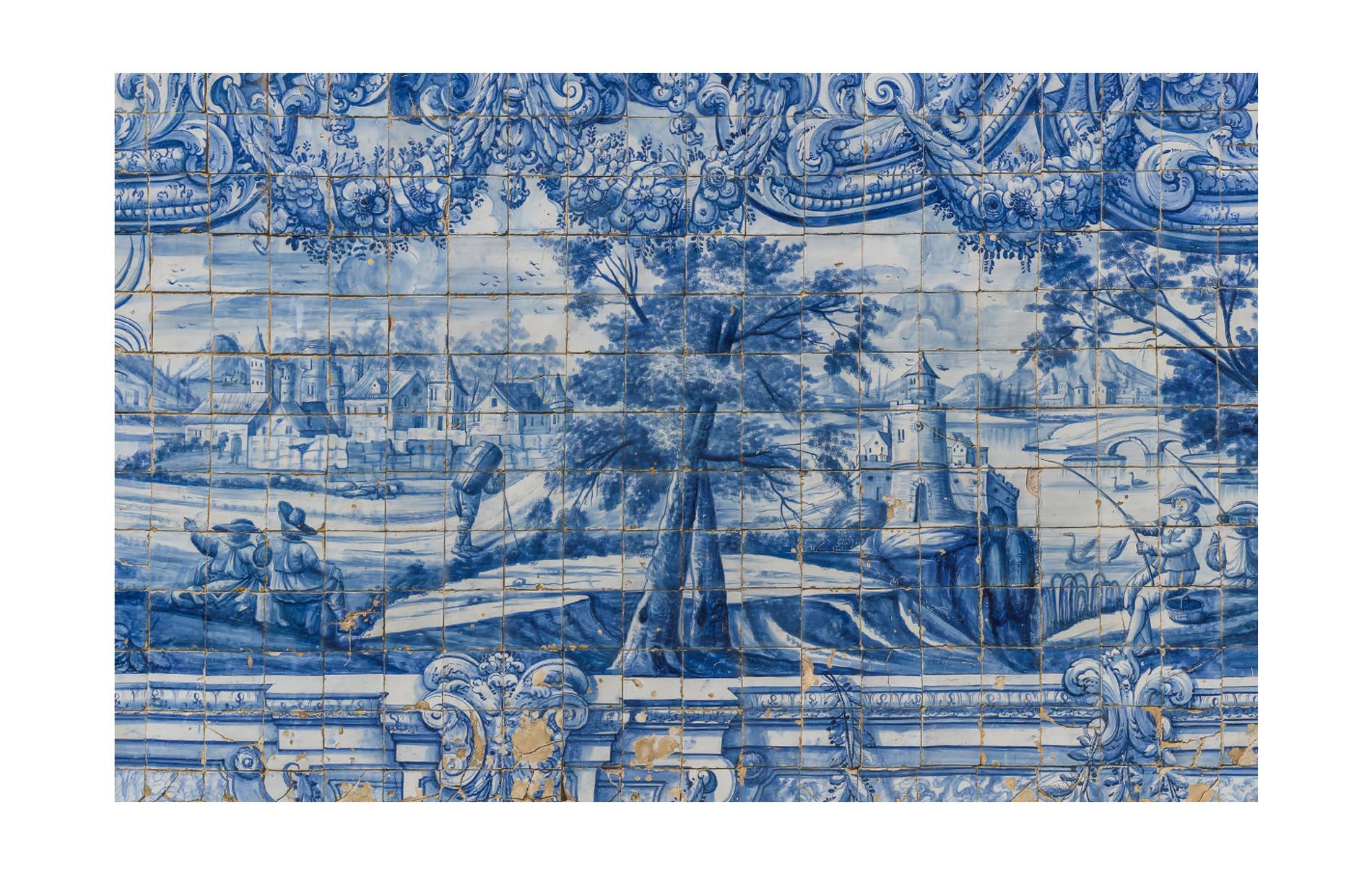 Murwall Chinoiserie Wallpaper Blue Tile Wall Mural Gold Brush Wall Print Chinese Home Decor Cafe Design Entryway