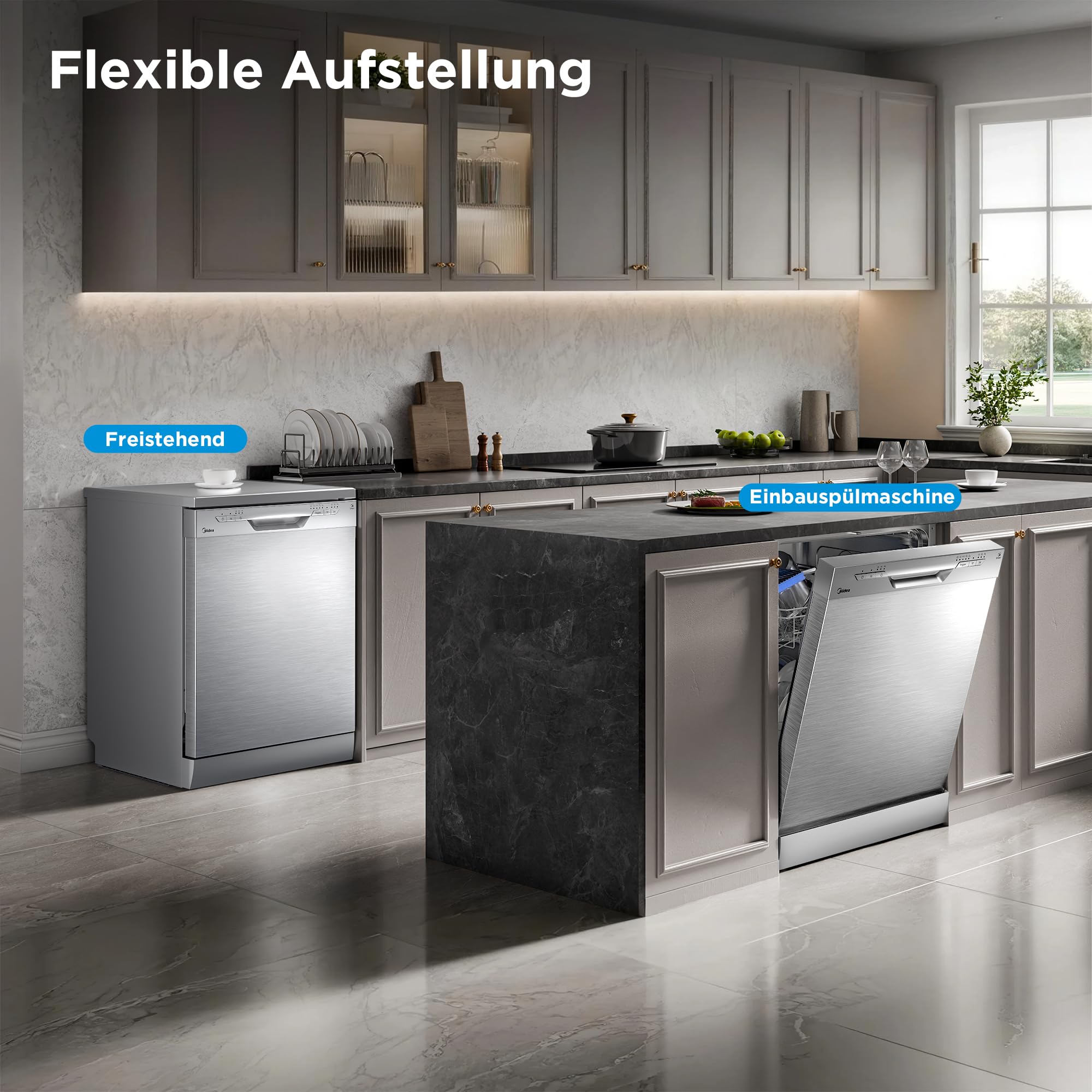 Midea SF 3.60N PRO Geschirrspüler 60cm Freistehend Unterbaufähig 14 Maßgedecke Spülmaschine WLAN 47 dB Silber