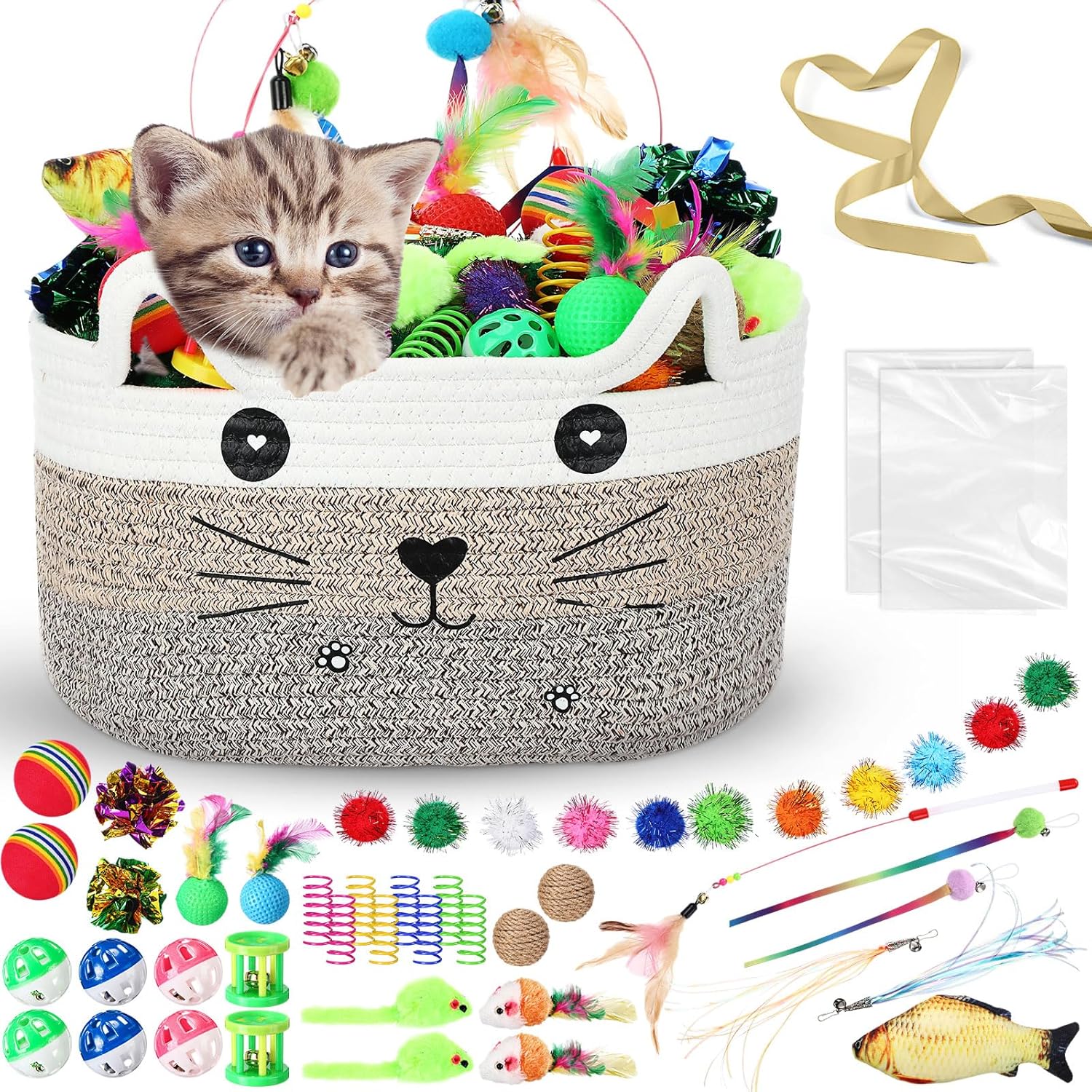 Zopeal 76 Pcs Mother's Day Cat Storage Basket Gift Toys Set Interactive Cat Toys Kitten Wand Colorful Flashing Balls Pet Crinkle Balls Attract Kitten to Swat, Hunt for Pet Indoor(Brown)