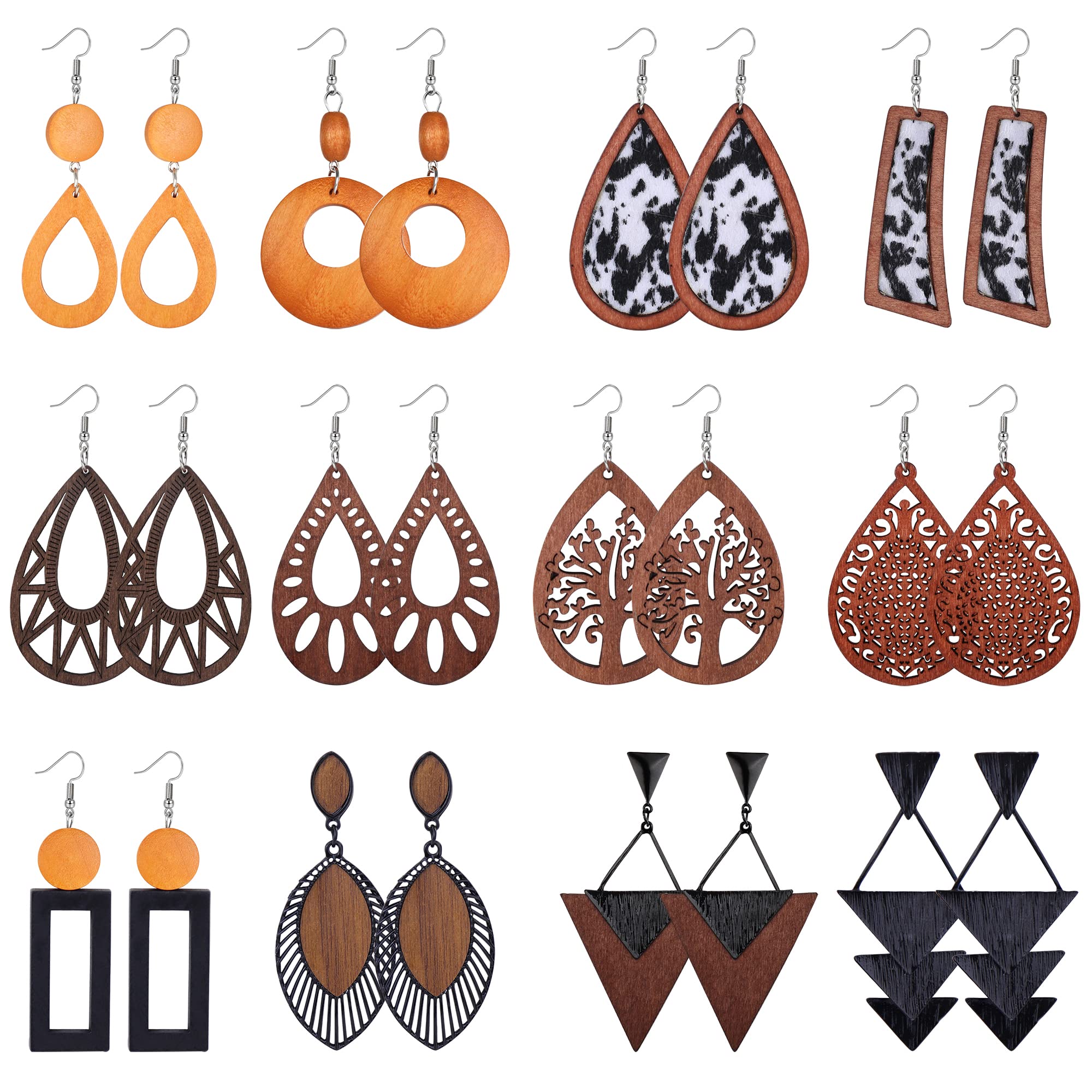 Tungary 12 Pairs African Wooden Earrings for Women Lightweight Dangle Drop Earrings Natural Wood Teardrop Geometric Painted Earring Ethnic Style Statement Drop Earrings