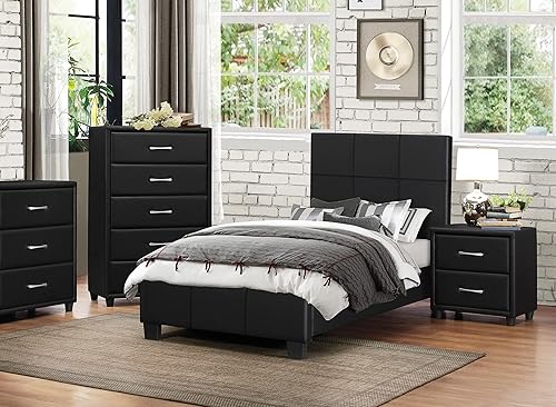 Miniatura 8 de NewCosmos Contemporary Durable Black Faux Leather Covering 1pc Nightstand of Drawers Silver Tone Bar Pulls Stylish Furniture