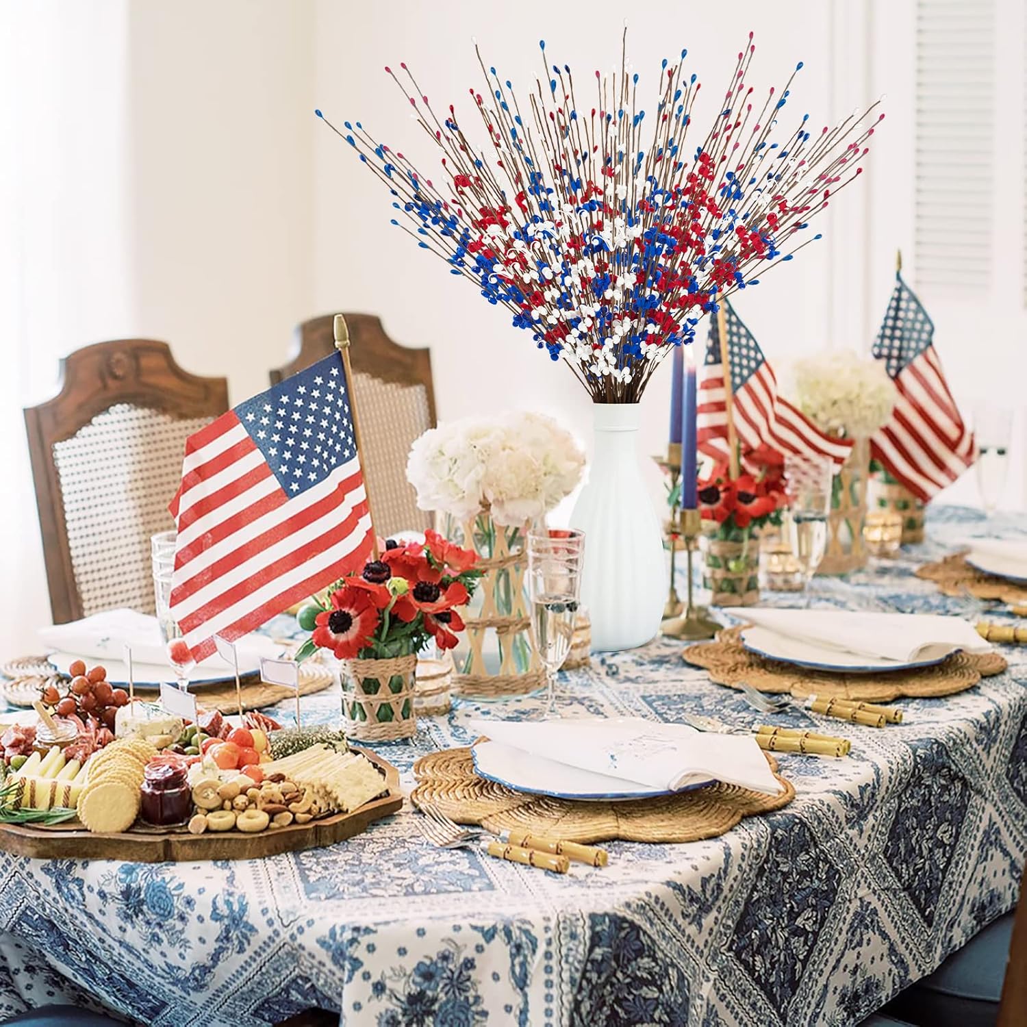 120 Pcs Artificial Jasmine Flowers Stems with Blue White Red Berry for Patriotic Decorations, 21.6" Long Stem Jasmine Faux Flowers for 4th of July Home Independence Day Decor