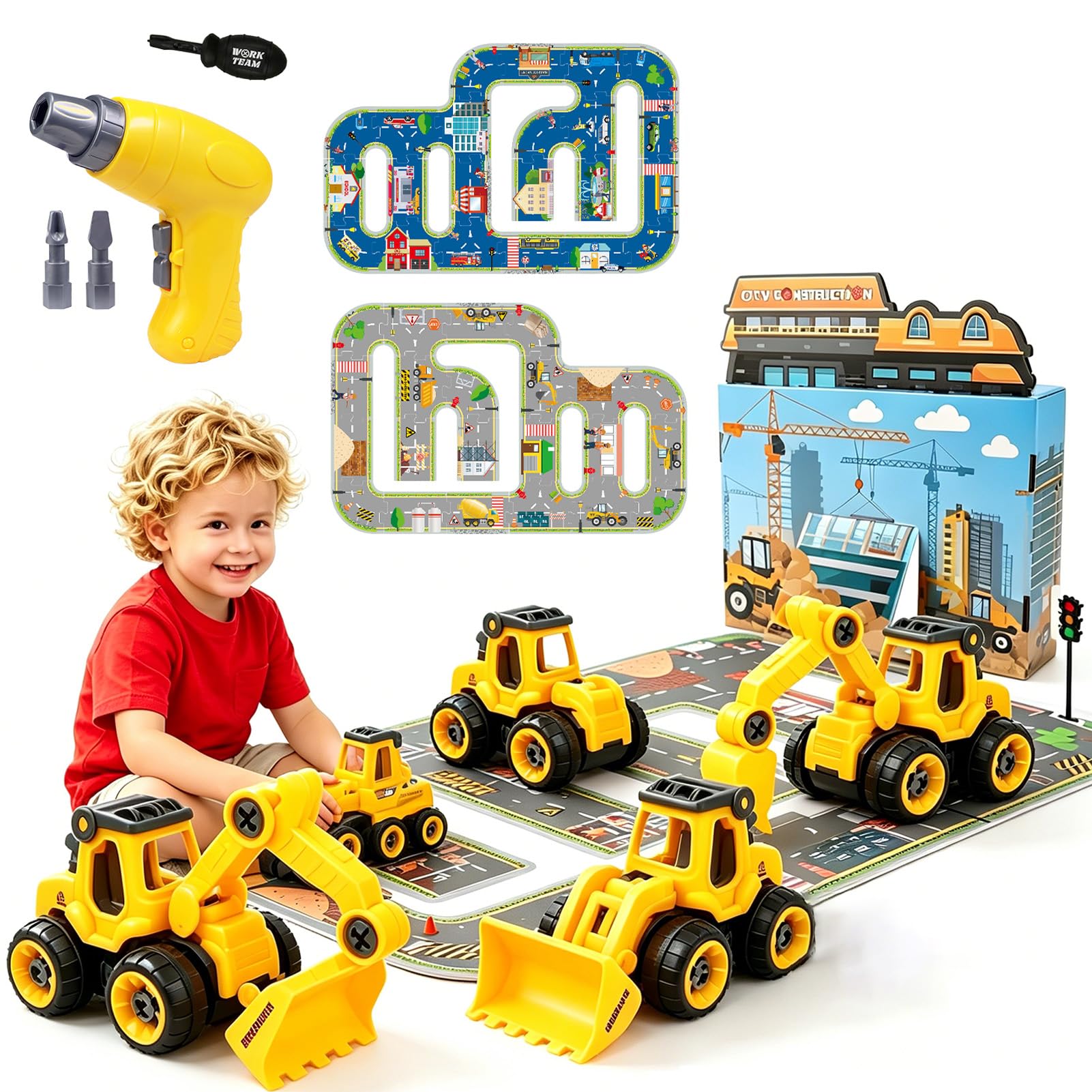 Aulivra Take Apart Construction Toys with Electric Drill, Kids Construction Truck Toy Set, DIY Building Site Playset with Digger Bulldozer Road Roller Road Map, STEM Toys for Boys Girls Age 3 4 5 6
