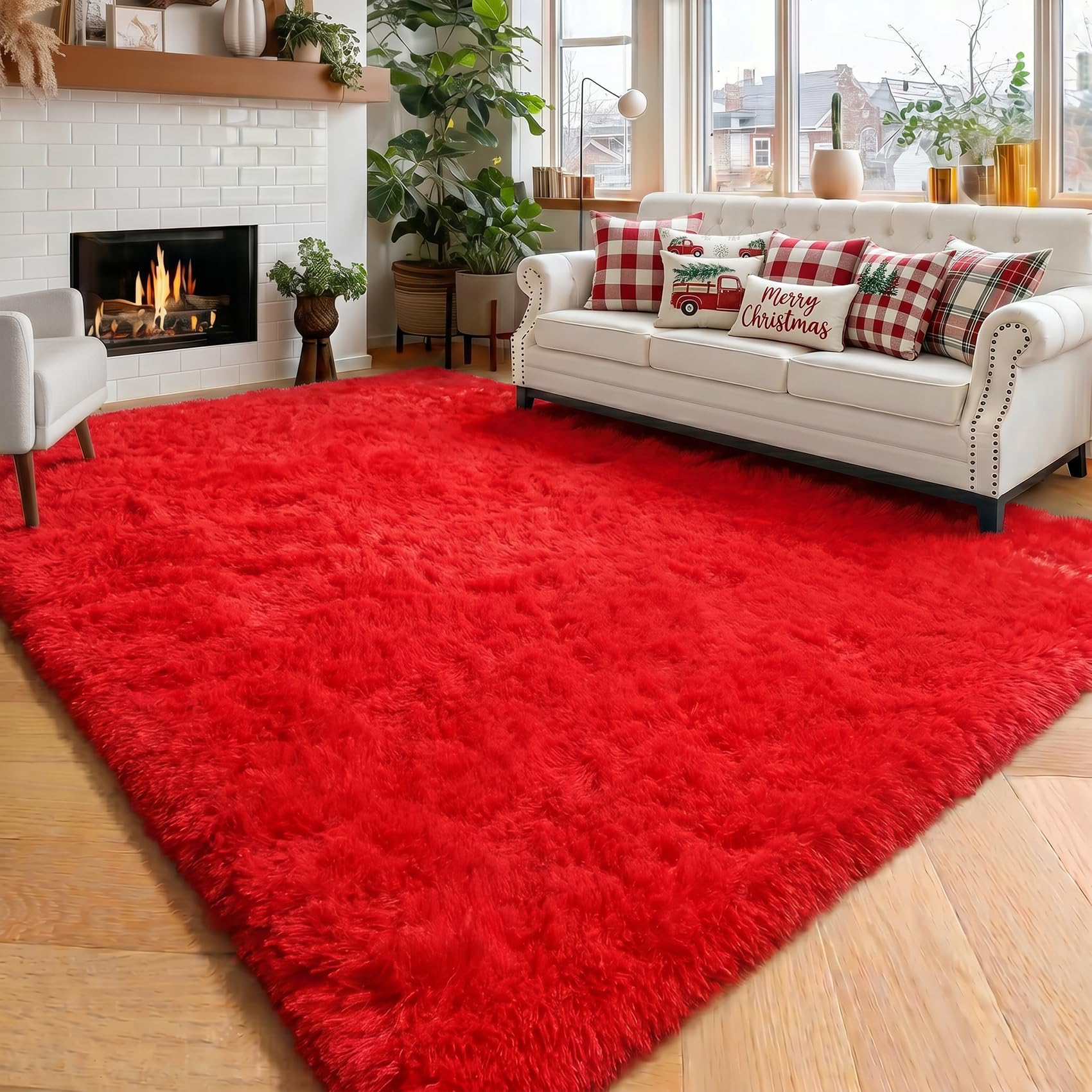 Amdrebio Red Area Rugs for Living Room Bedroom, Christmas Rug 6x9, Large Red Carpet, Plush Fuzzy Furry Rug for Kids Playroom, Fluffy Shaggy Throw