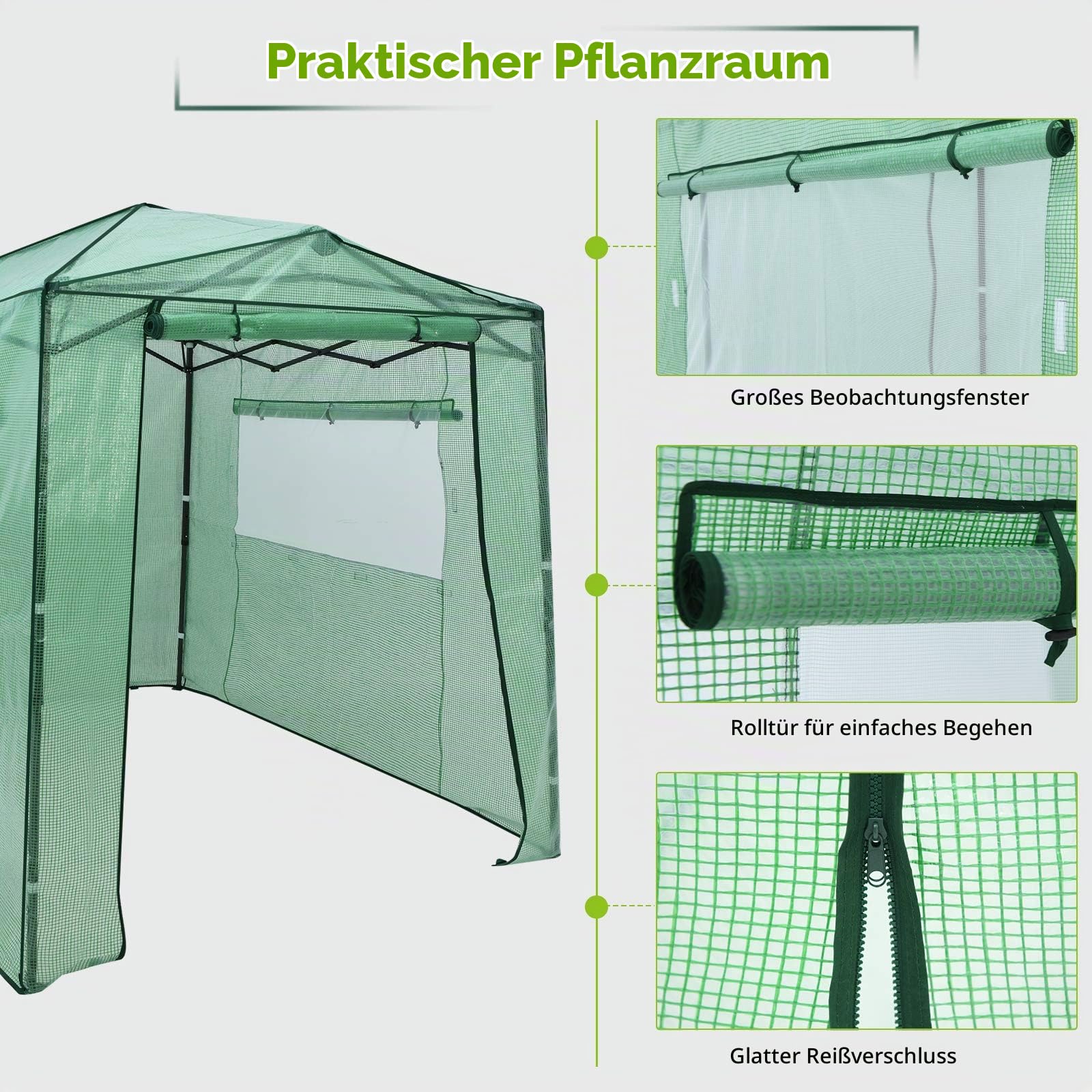 RELAX4LIFE Gewächshaus, Foliengewächshaus Winterfest mit 2 Aufrollbaren Fenstern & 2 Aufrolltüren, Überwinterungszelt für Pflanzen, Pflanzenhaus für Blumen Gemüse Obst, 250 × 180 × 210-230cm