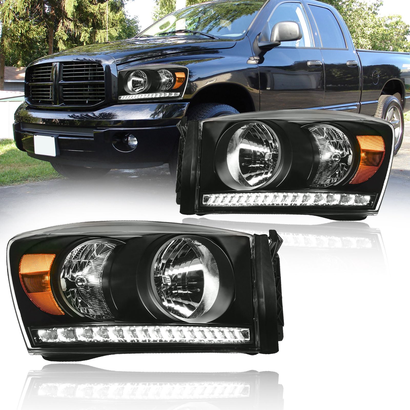 led drl headlight assembly, headlights kit compatible with 2006-2008 dodge ram 1500/2006-2009 ram 2500 3500(fits models with halogen headlamps only) headlamp black housing amber reflector