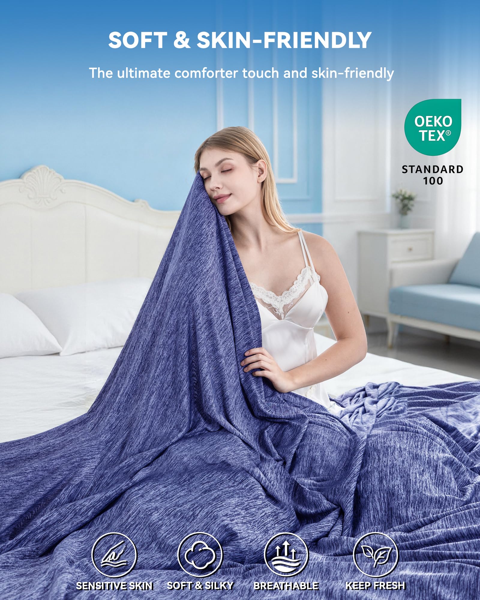 Kühldecke Bett Sommerdecke 220x240CM Doppelseitig Kühlende Sommer Decke für Menschen, Selbstkühlende Ice Kühlend Decken zum Schlafen Atmungsaktiv Leicht für Bett Cooling Blanket Blau